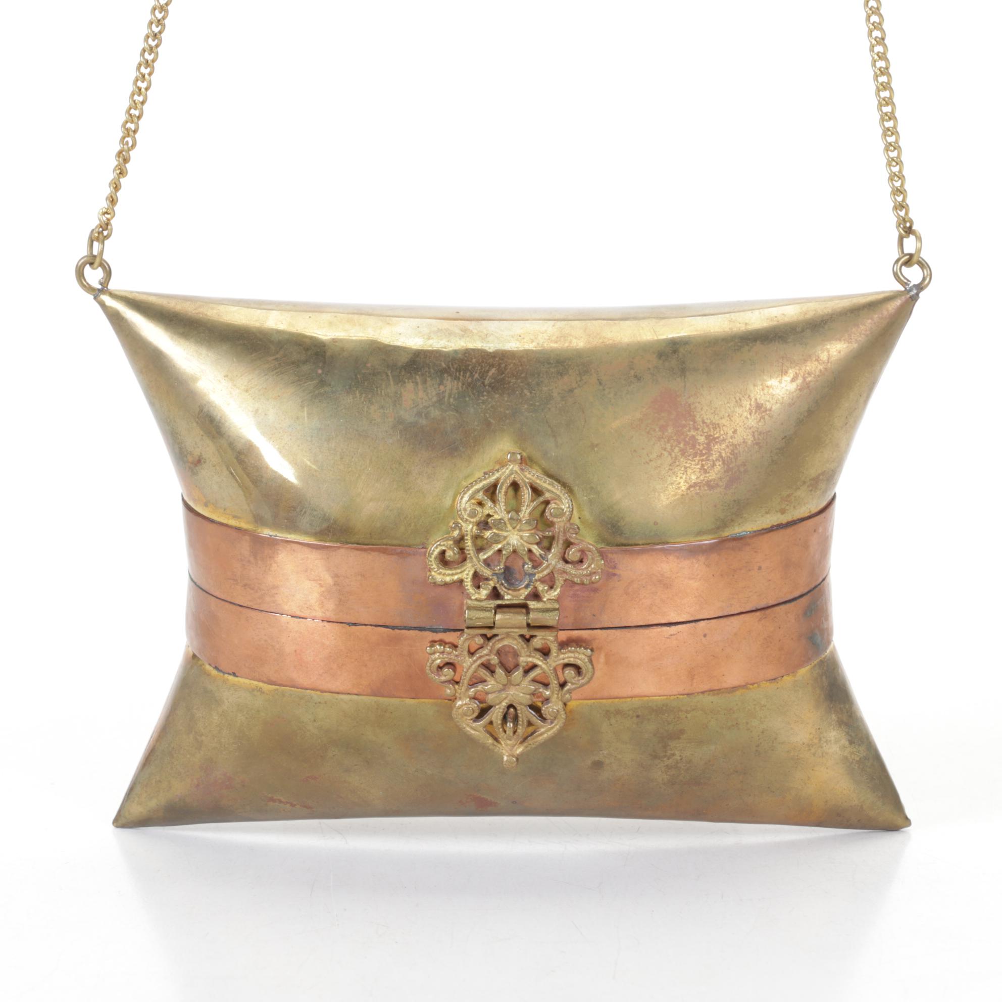 Moroccan Brass Pillow Purse with Purple Velour Lining, 1970s