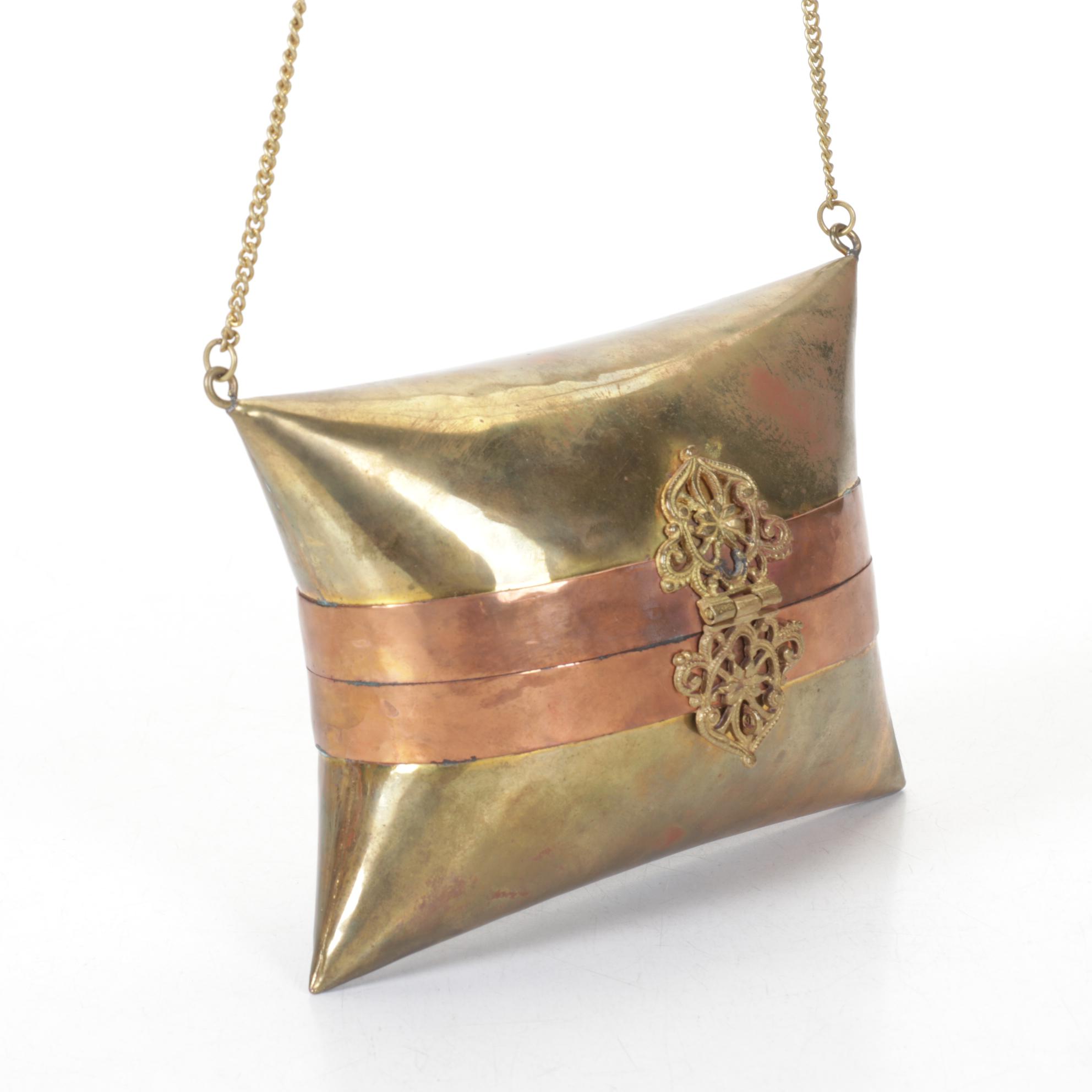 Moroccan Brass Pillow Purse with Purple Velour Lining, 1970s