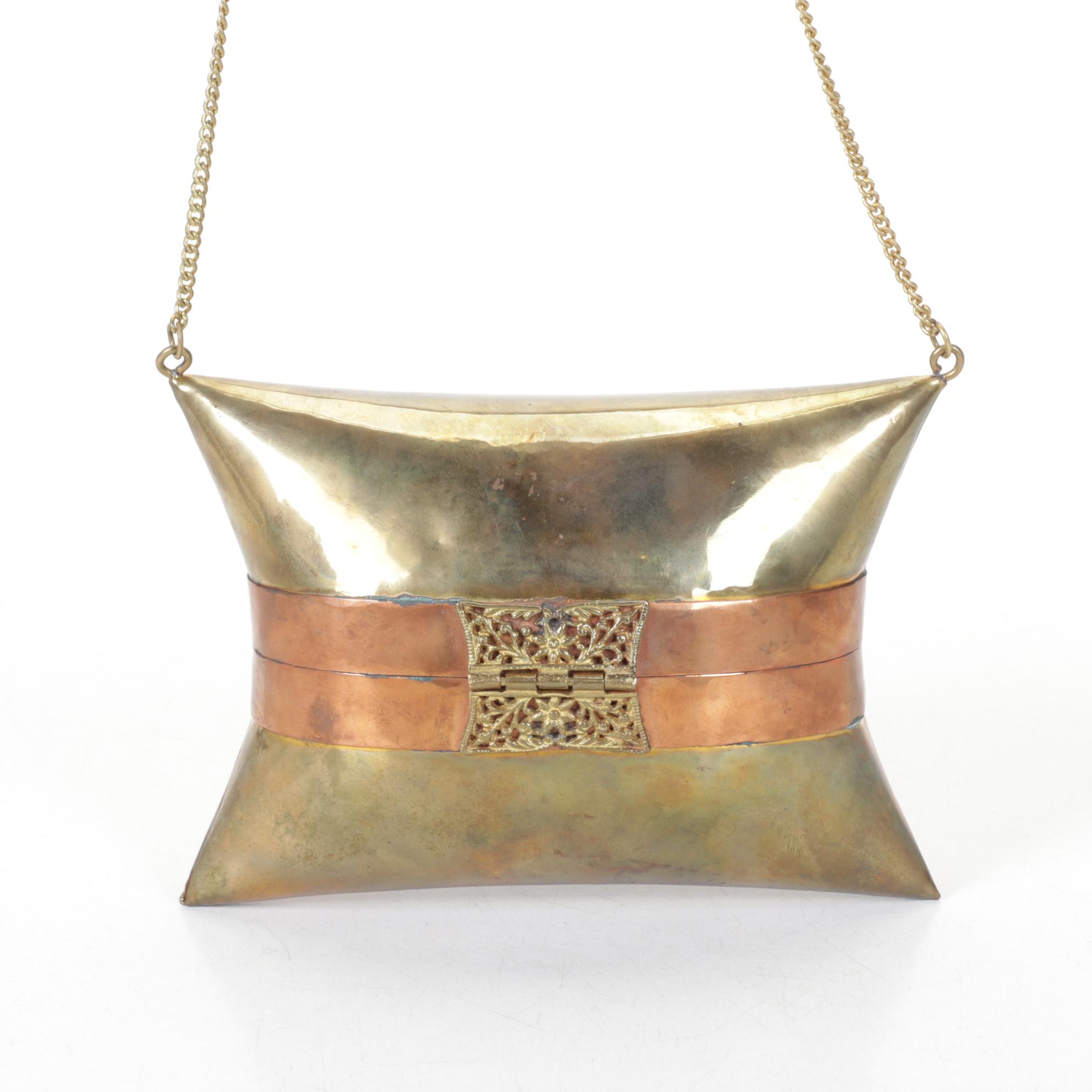 Moroccan Brass Pillow Purse with Purple Velour Lining, 1970s