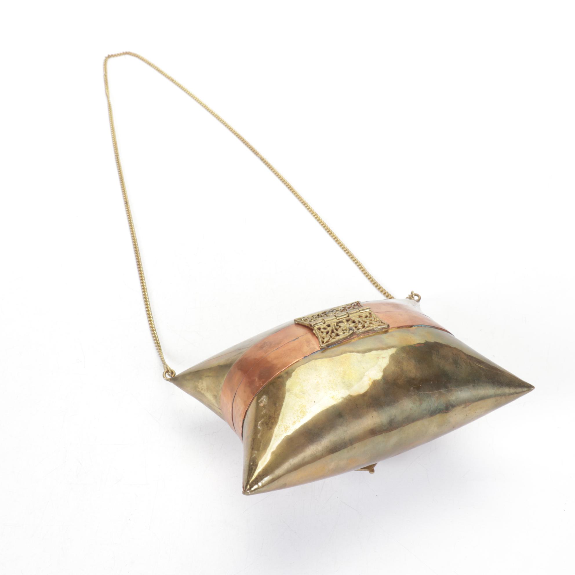 Moroccan Brass Pillow Purse with Purple Velour Lining, 1970s