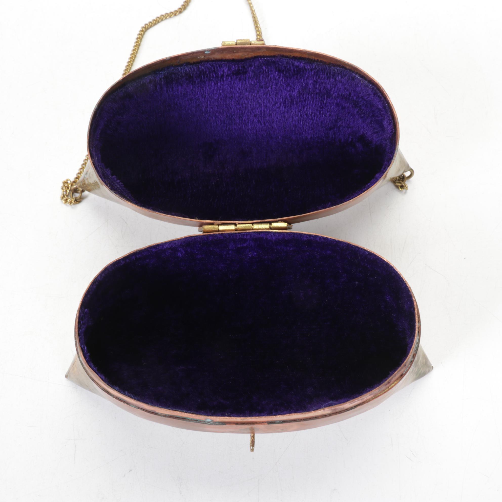 Moroccan Brass Pillow Purse with Purple Velour Lining, 1970s