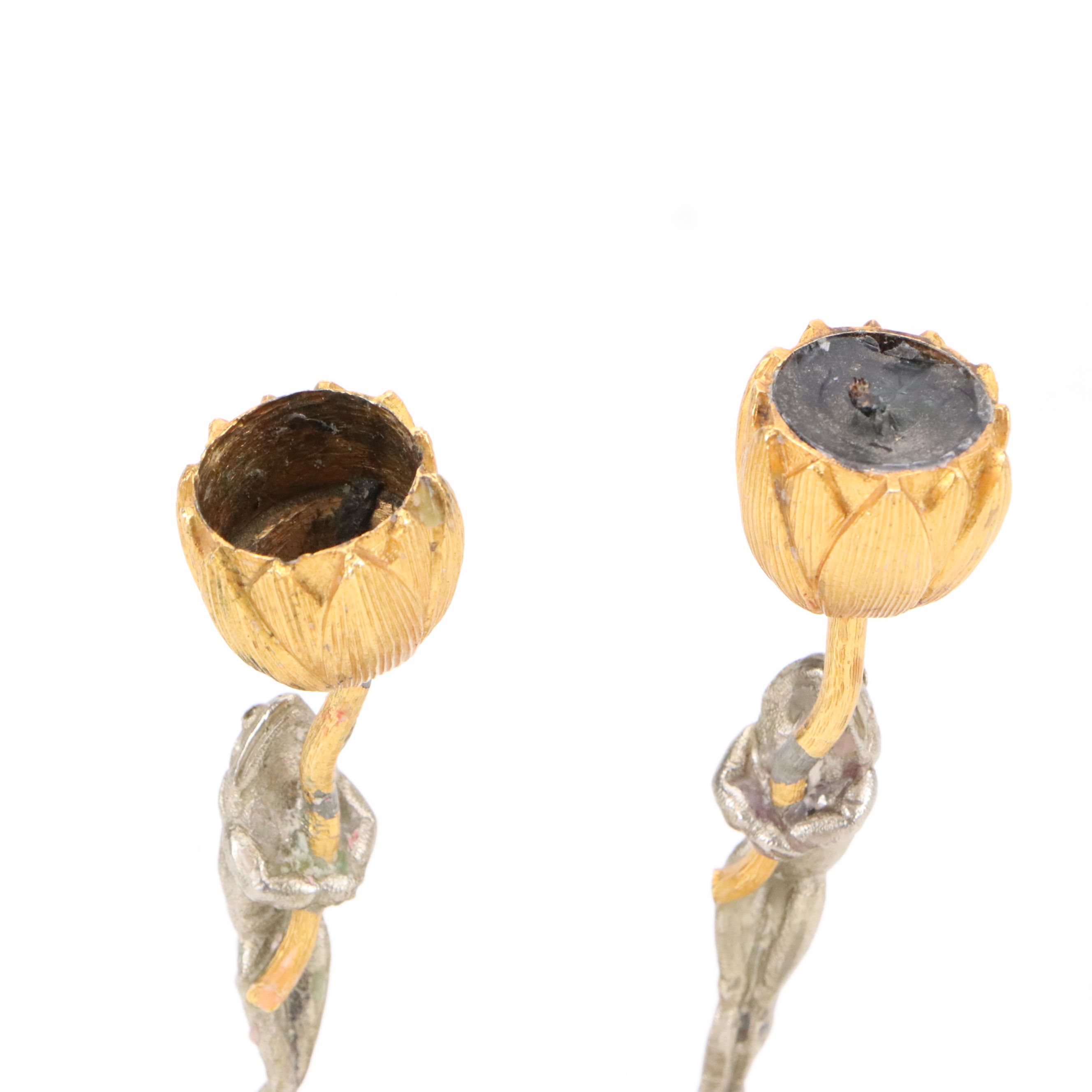 Gold and Silver Tone Frog and Tulip Candlesticks