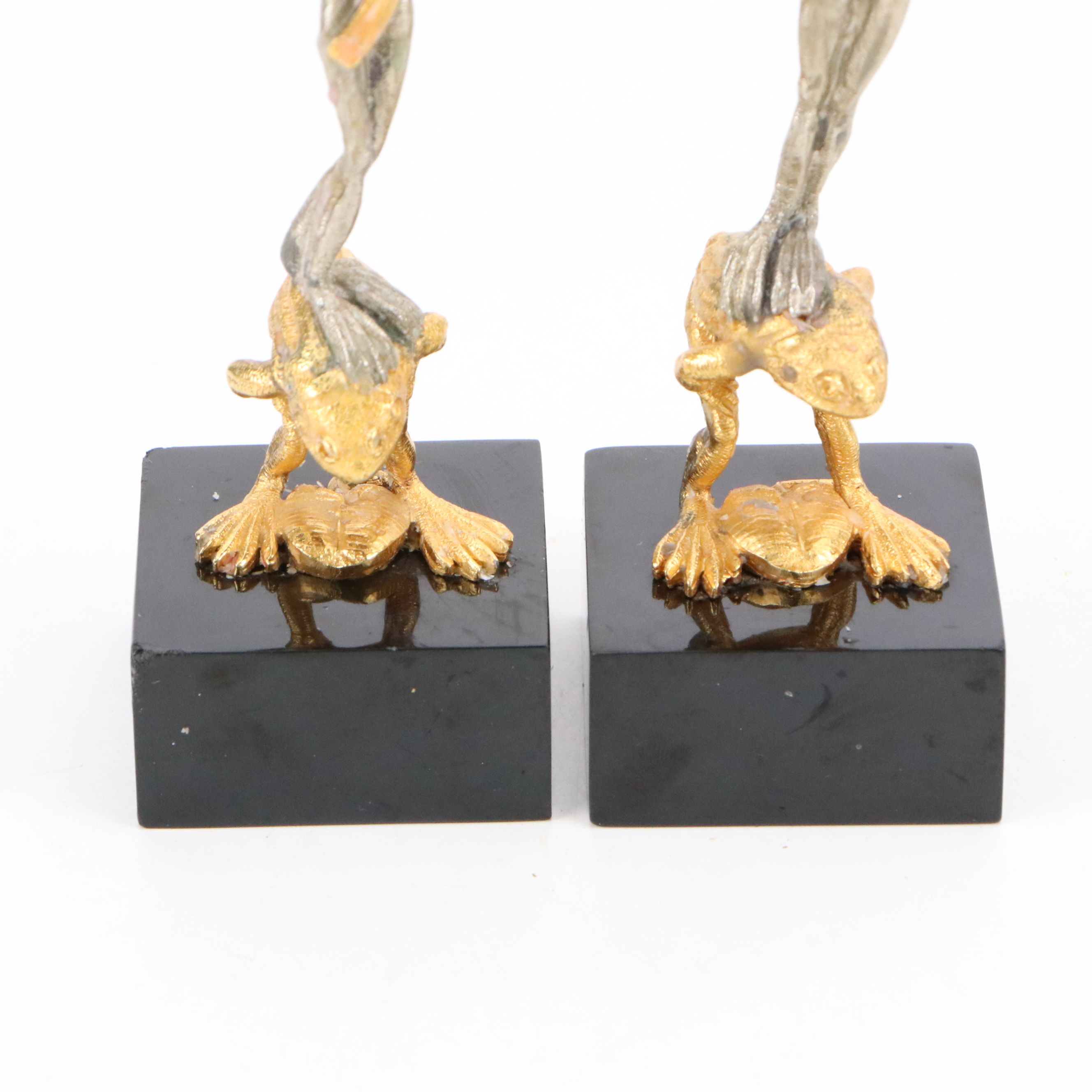 Gold and Silver Tone Frog and Tulip Candlesticks