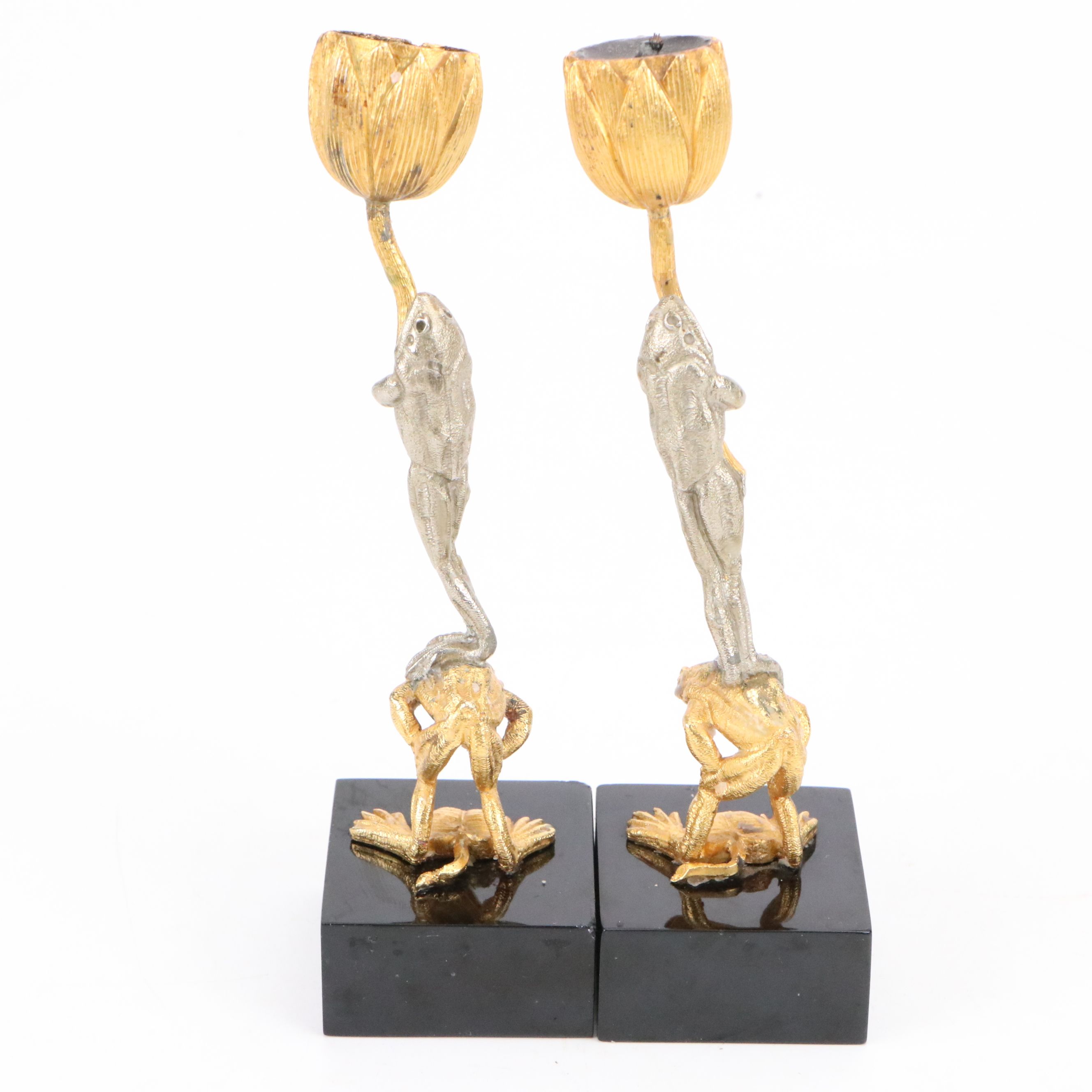 Gold and Silver Tone Frog and Tulip Candlesticks