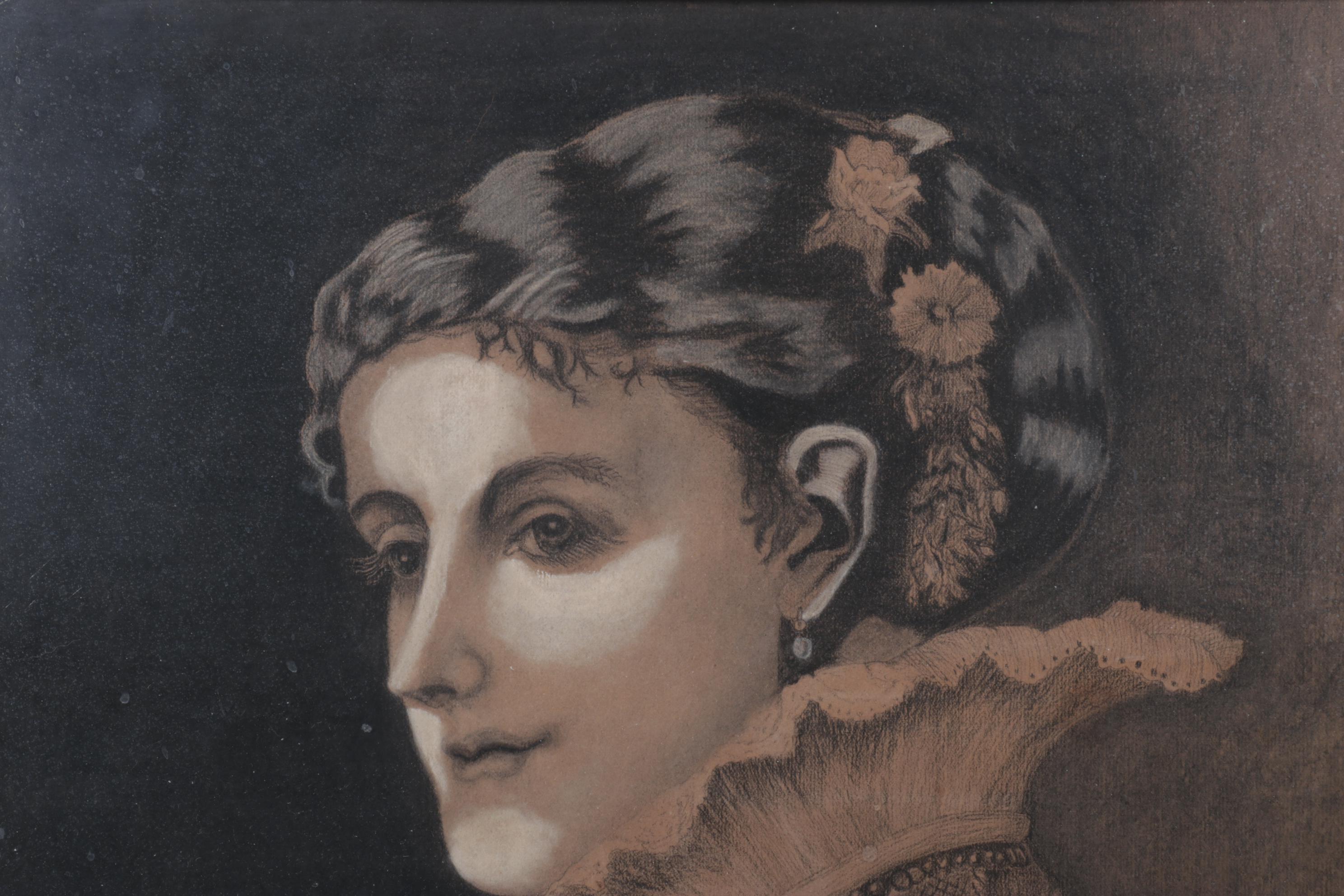 Pastel Portrait of Victorian Woman Holding Pearl Strand, Mid-20th Century