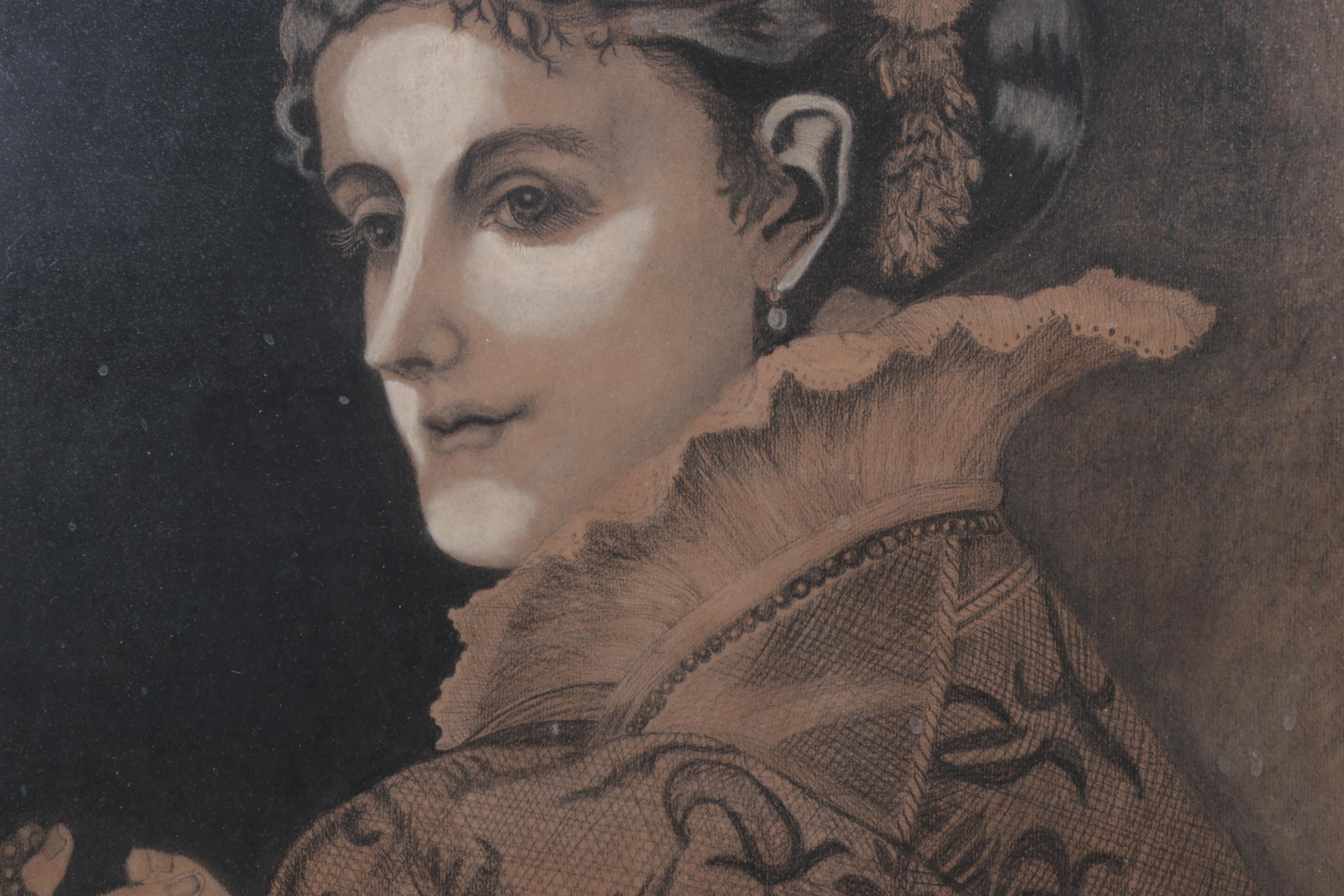 Pastel Portrait of Victorian Woman Holding Pearl Strand, Mid-20th Century