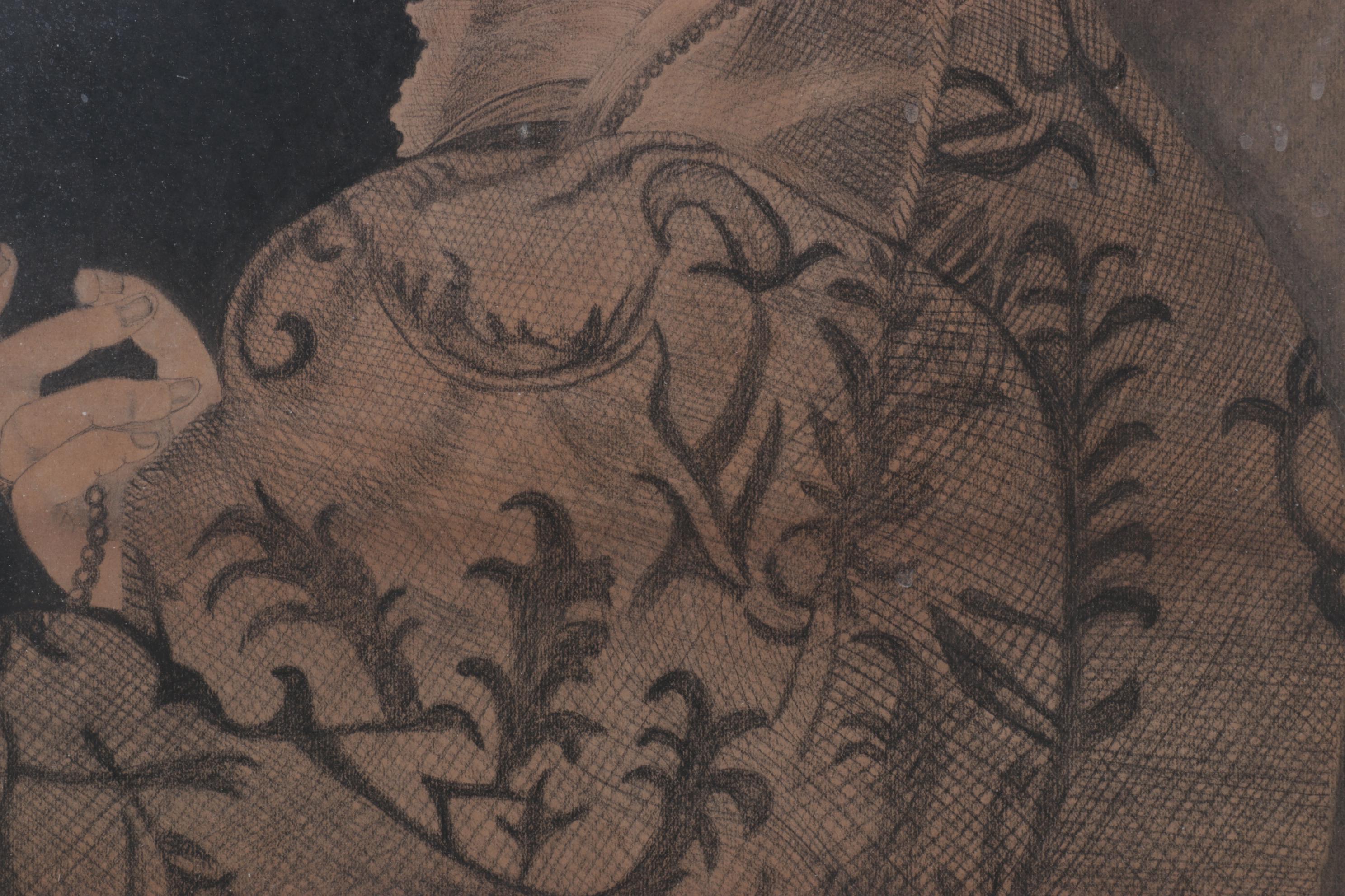 Pastel Portrait of Victorian Woman Holding Pearl Strand, Mid-20th Century