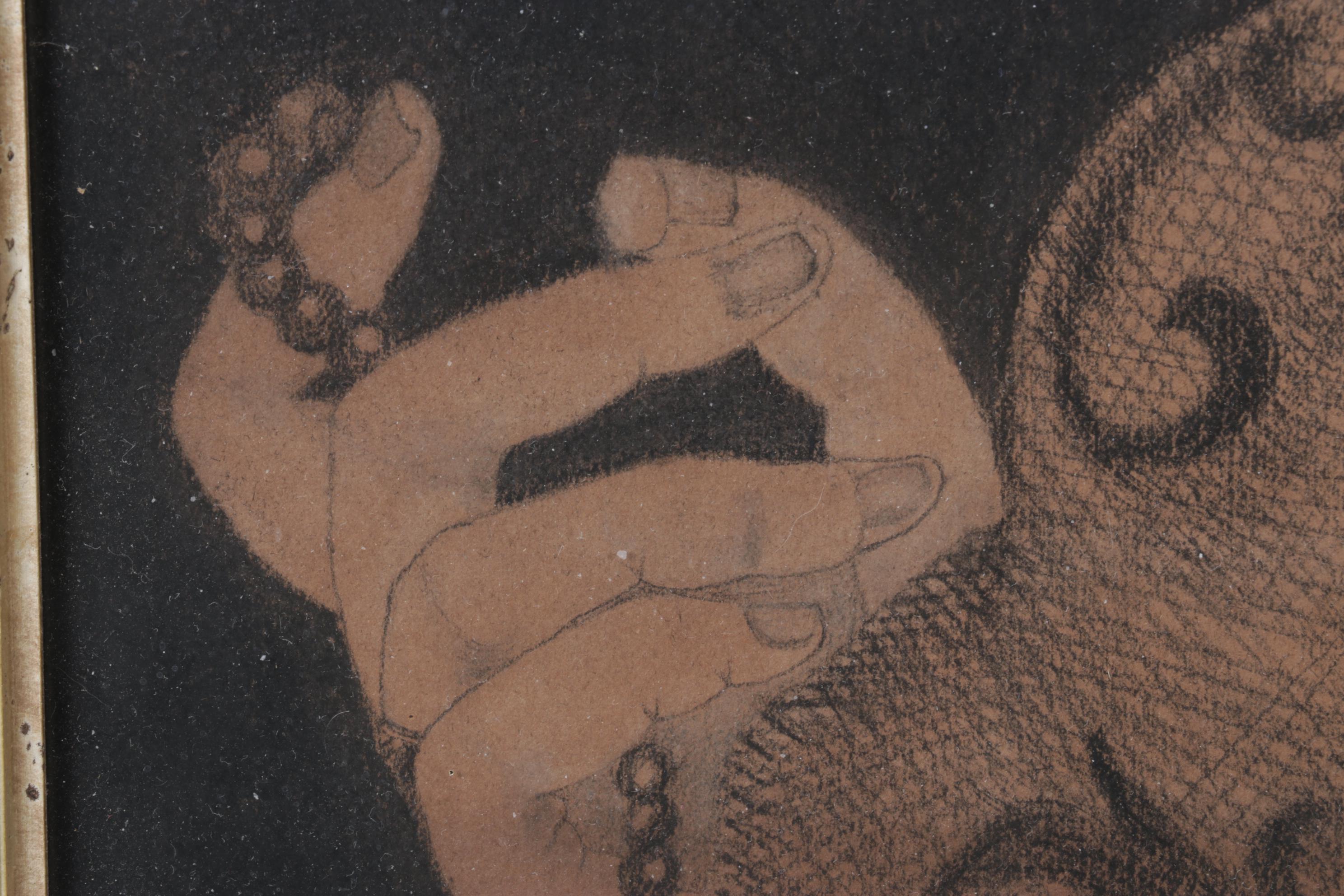 Pastel Portrait of Victorian Woman Holding Pearl Strand, Mid-20th Century