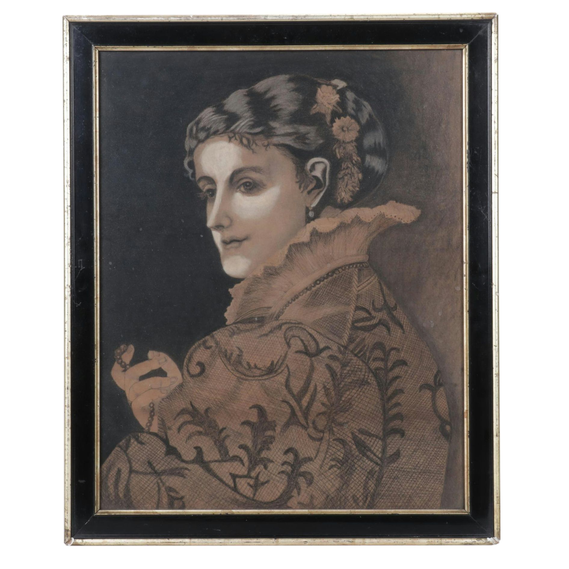 Pastel Portrait of Victorian Woman Holding Pearl Strand, Mid-20th Century