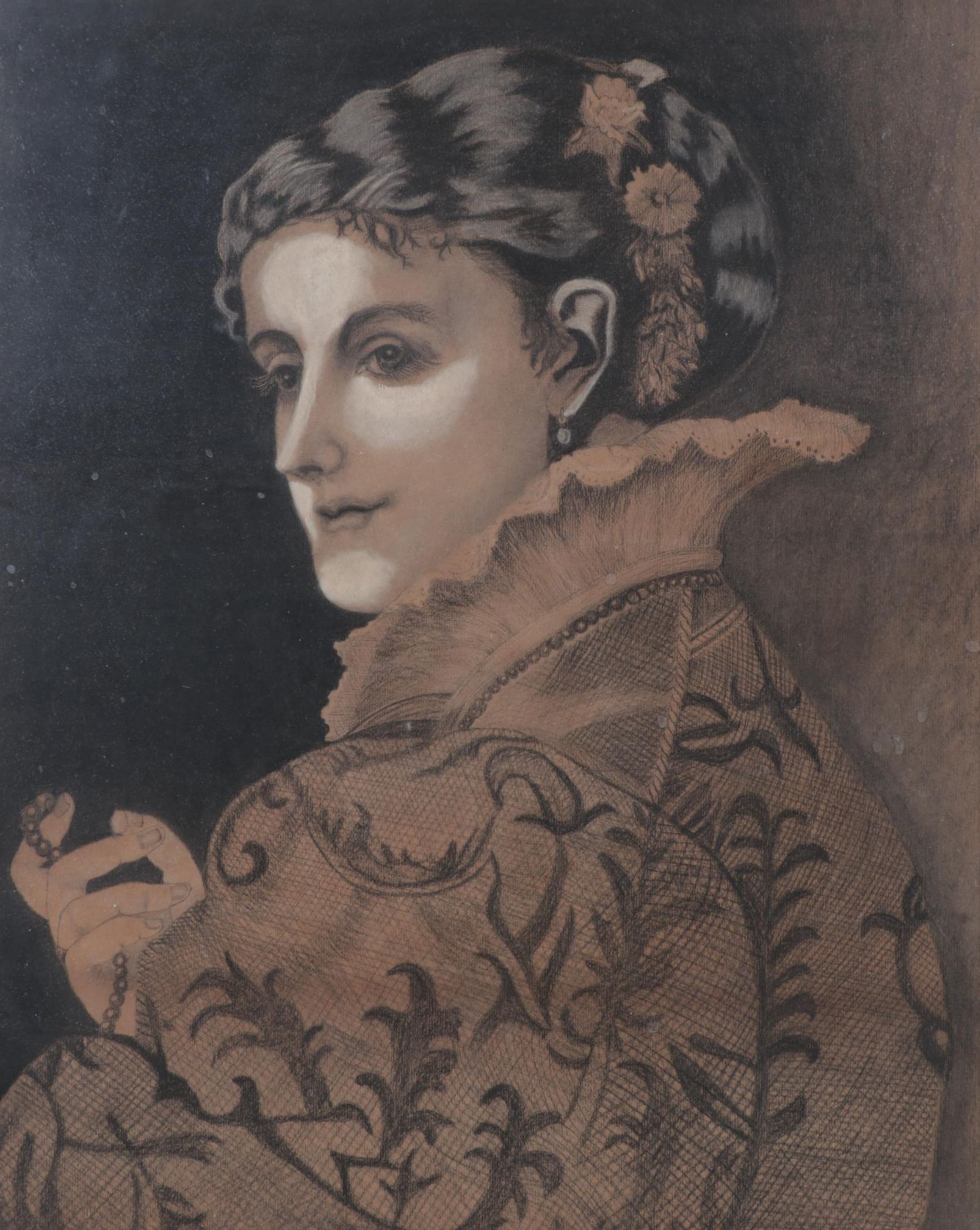 Pastel Portrait of Victorian Woman Holding Pearl Strand, Mid-20th Century