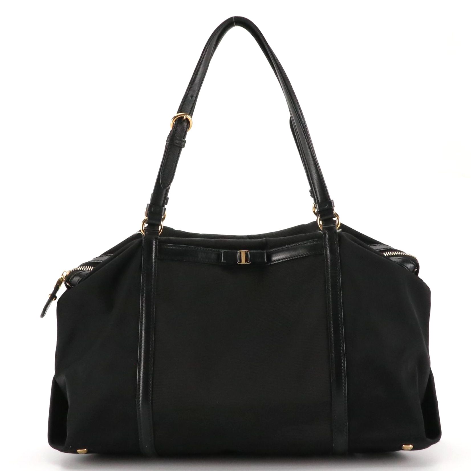 Salvatore Ferragamo Vara Bow Shoulder Bag in Black Nylon and Leather Trim