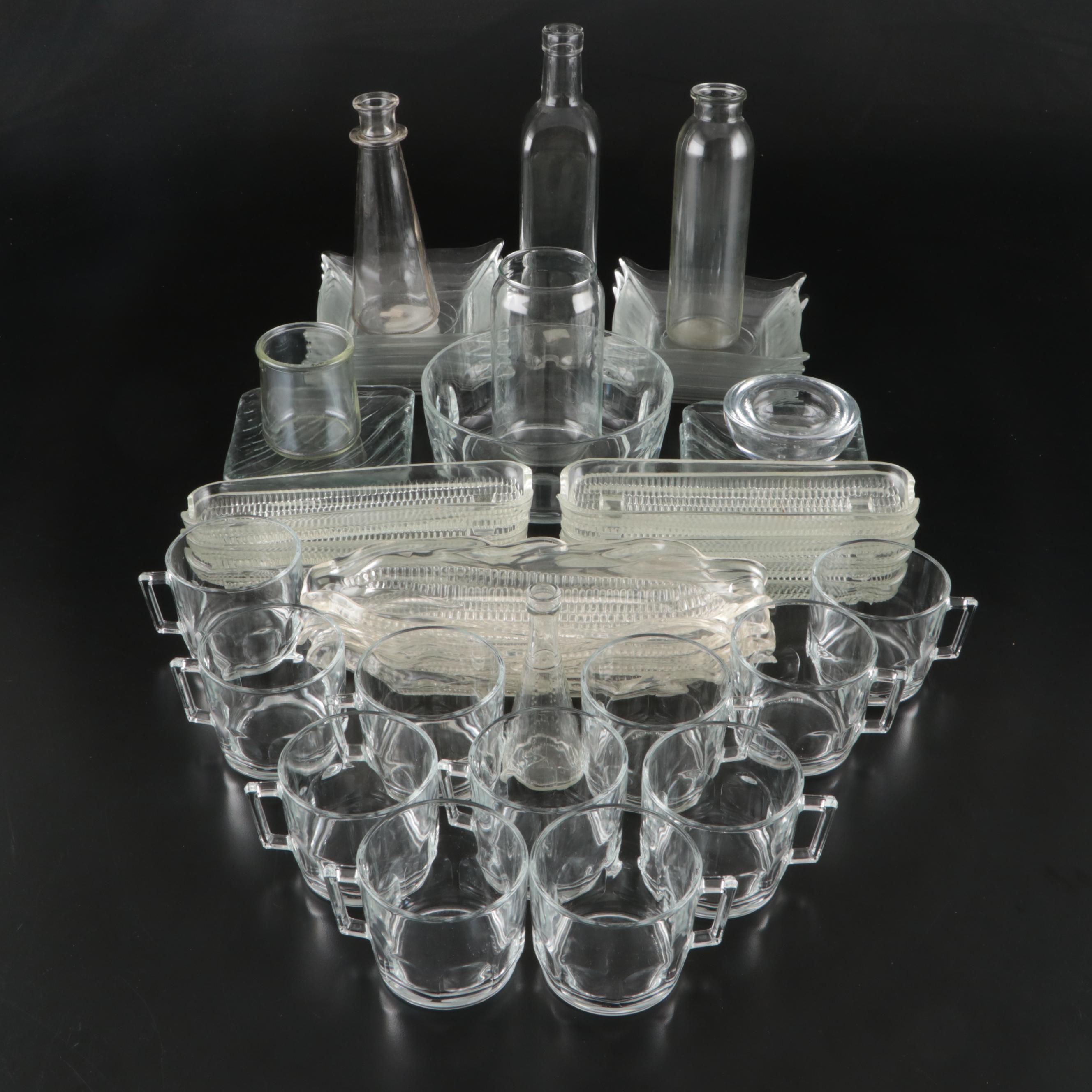 Arcoroc French Glass Bowl with Other Glass Tableware and Bottles