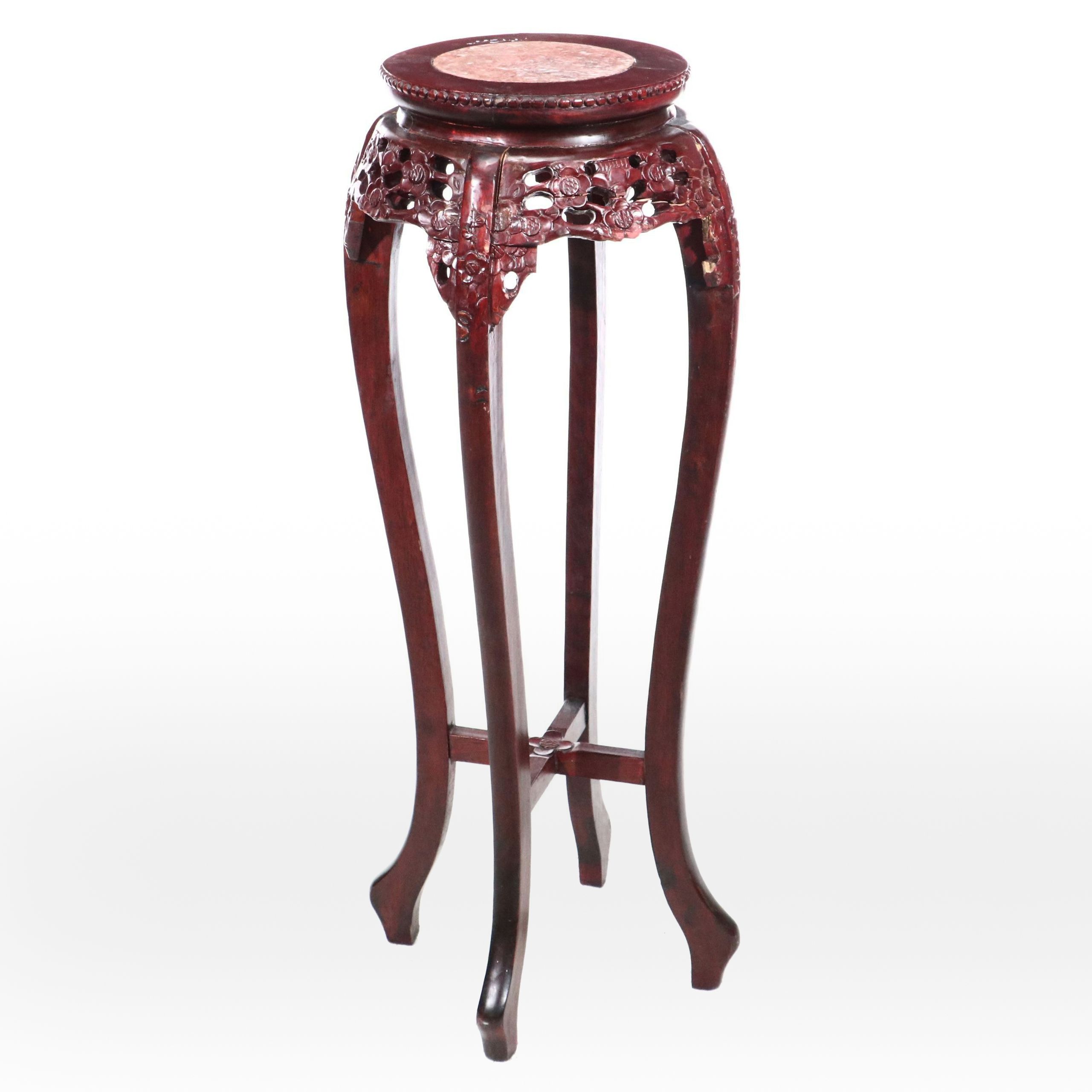 Carved Wood and Inlaid Marble End Table