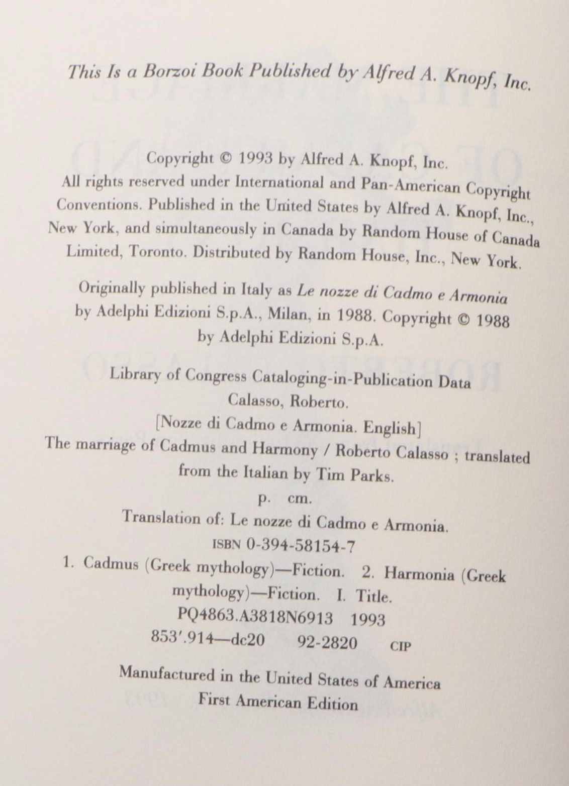 First Edition "The Marriage of Cadmus and Harmony" by Roberto Calasso and More