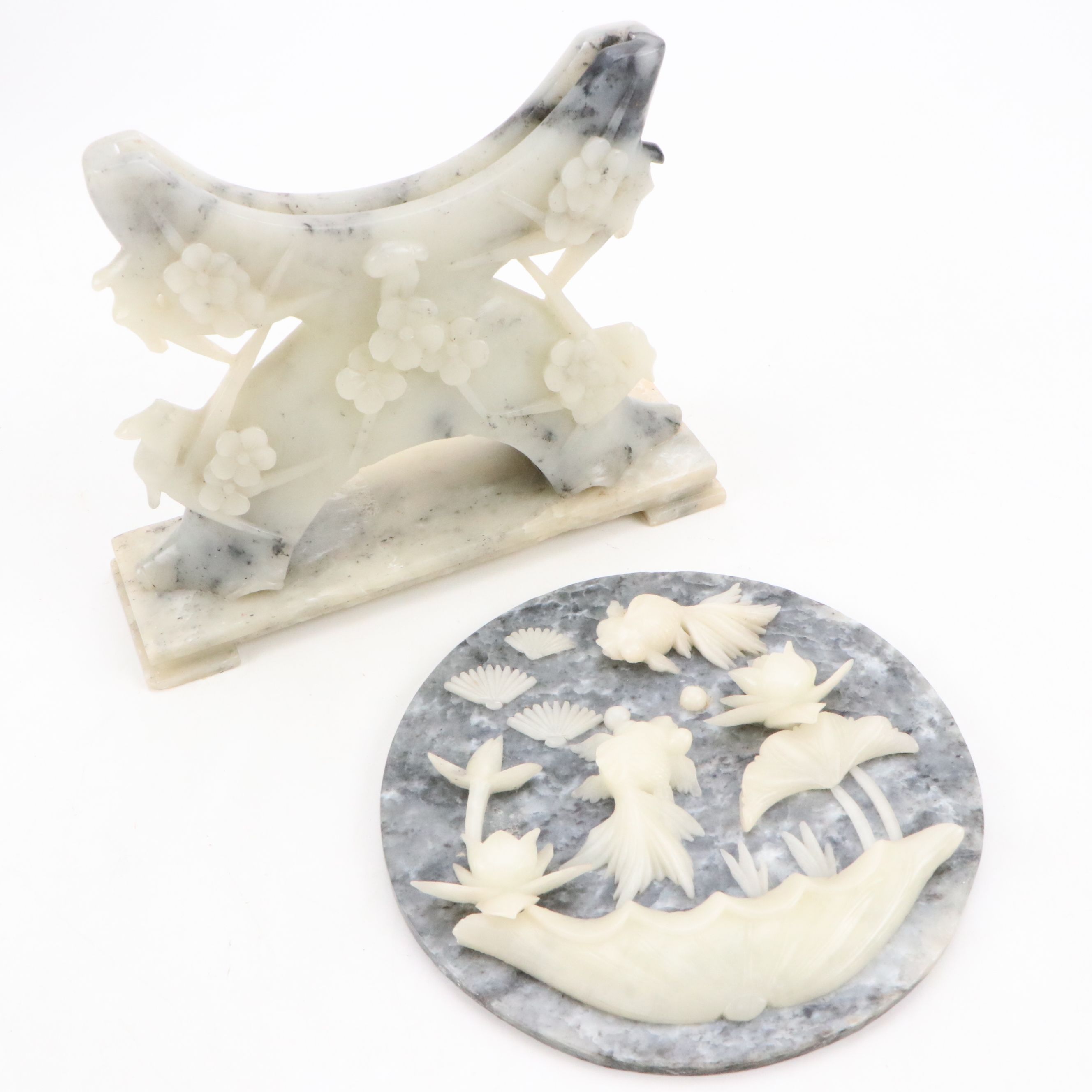 Chinese Koi and Lotus Soapstone Carving with Integrated Stand