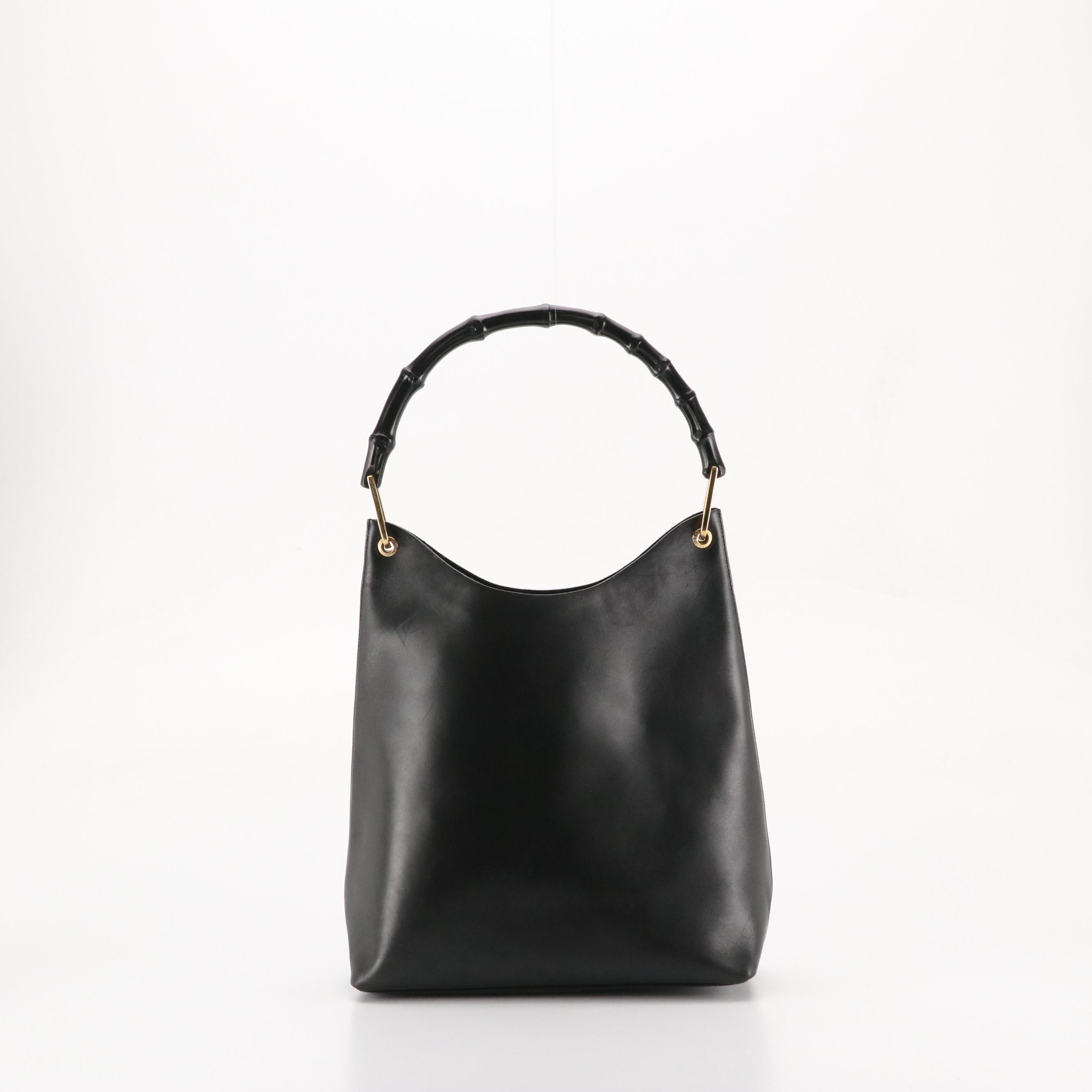 Gucci Bamboo Handle Vertical Shoulder Bag/Tote and Zip Pouch in Black Leather