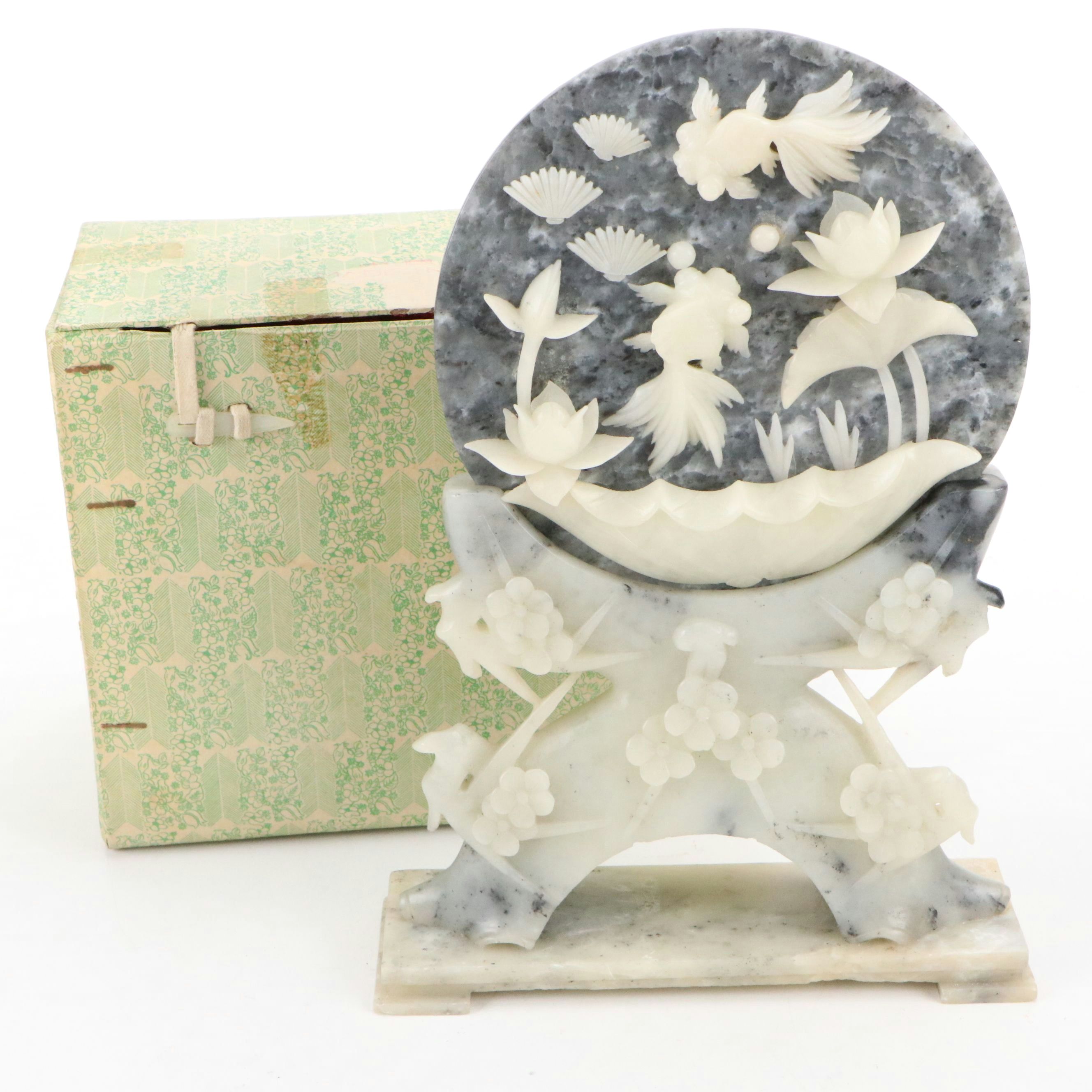 Chinese Koi and Lotus Soapstone Carving with Integrated Stand