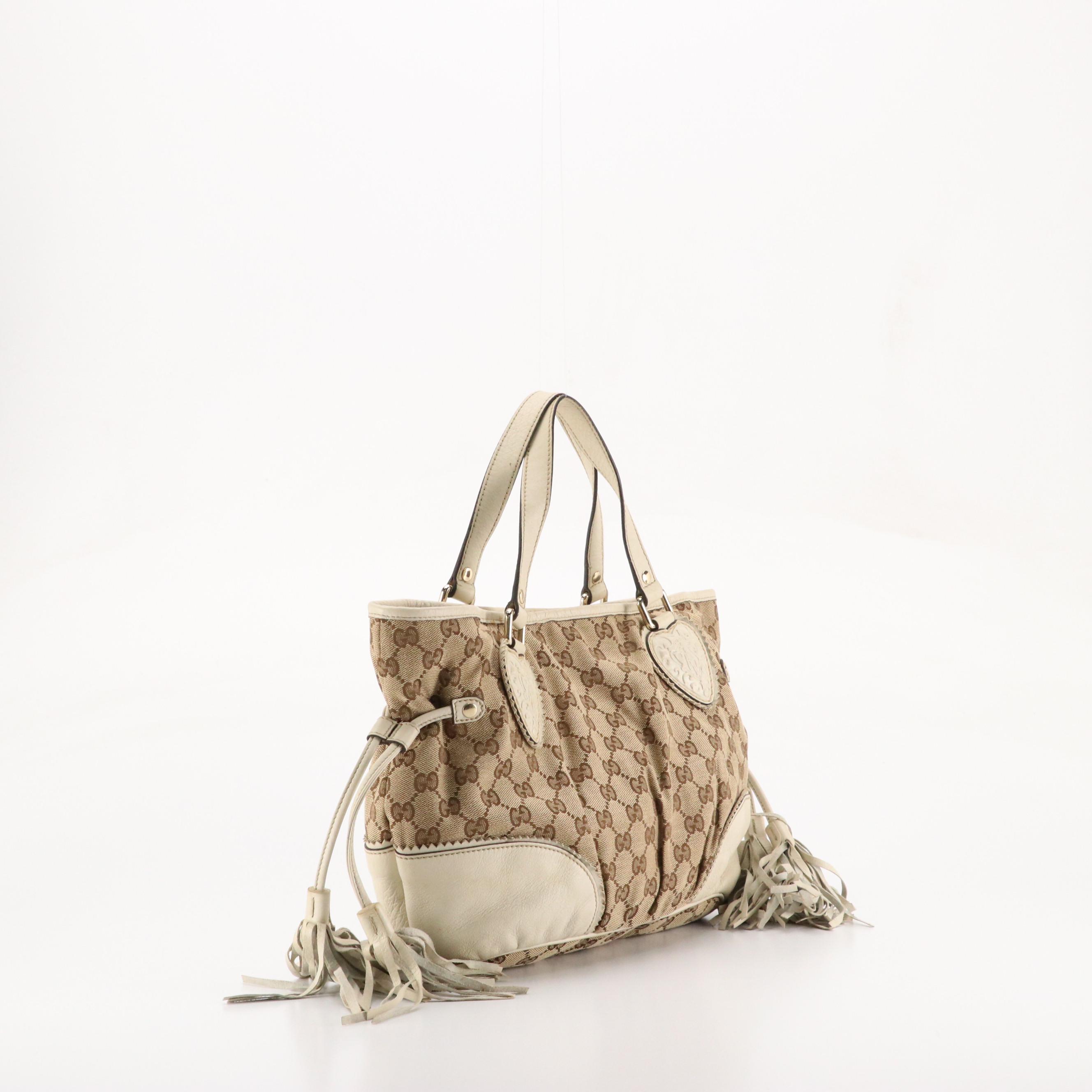 Gucci Tribeca Tassel Tote in GG Canvas and Ivory Grained Leather