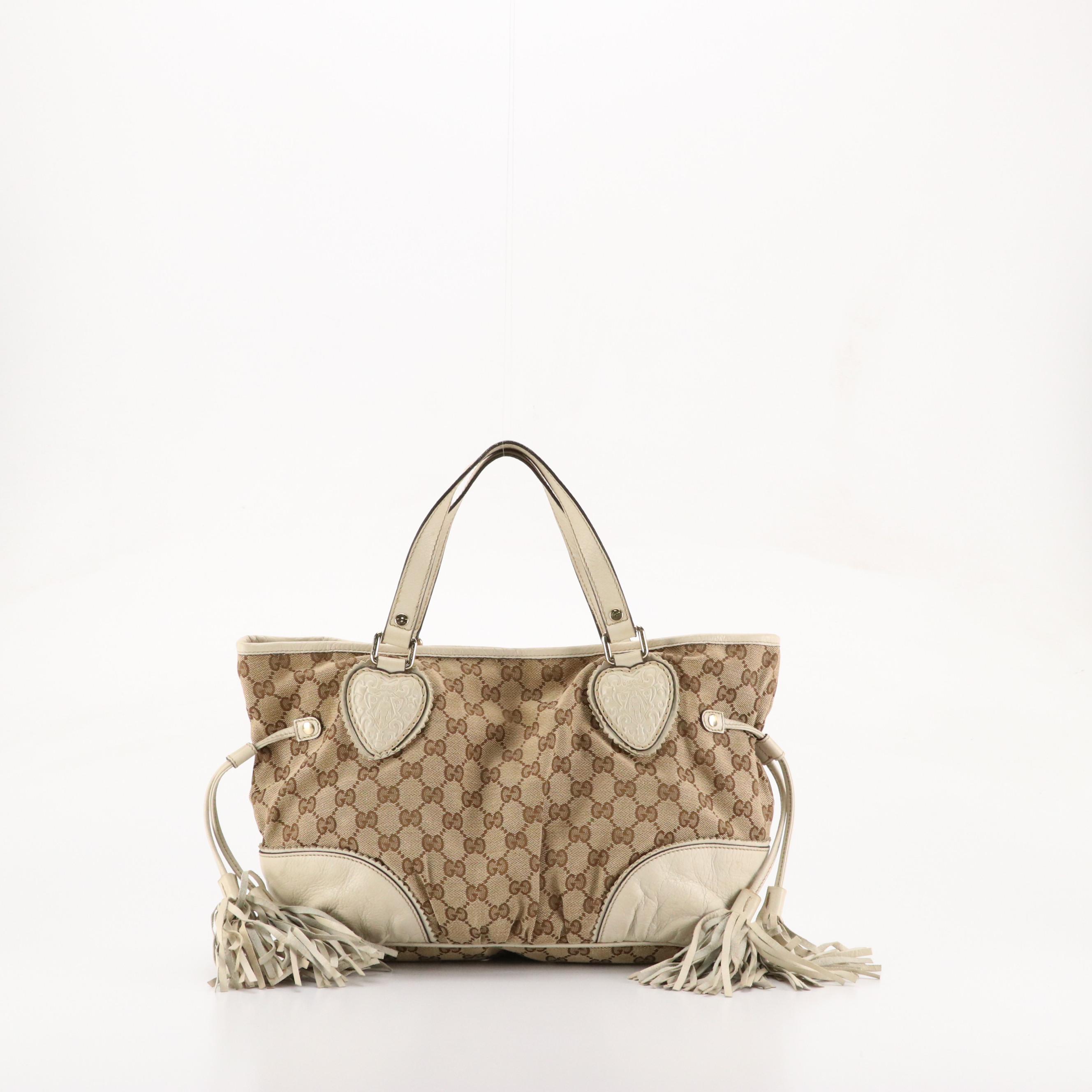 Gucci Tribeca Tassel Tote in GG Canvas and Ivory Grained Leather