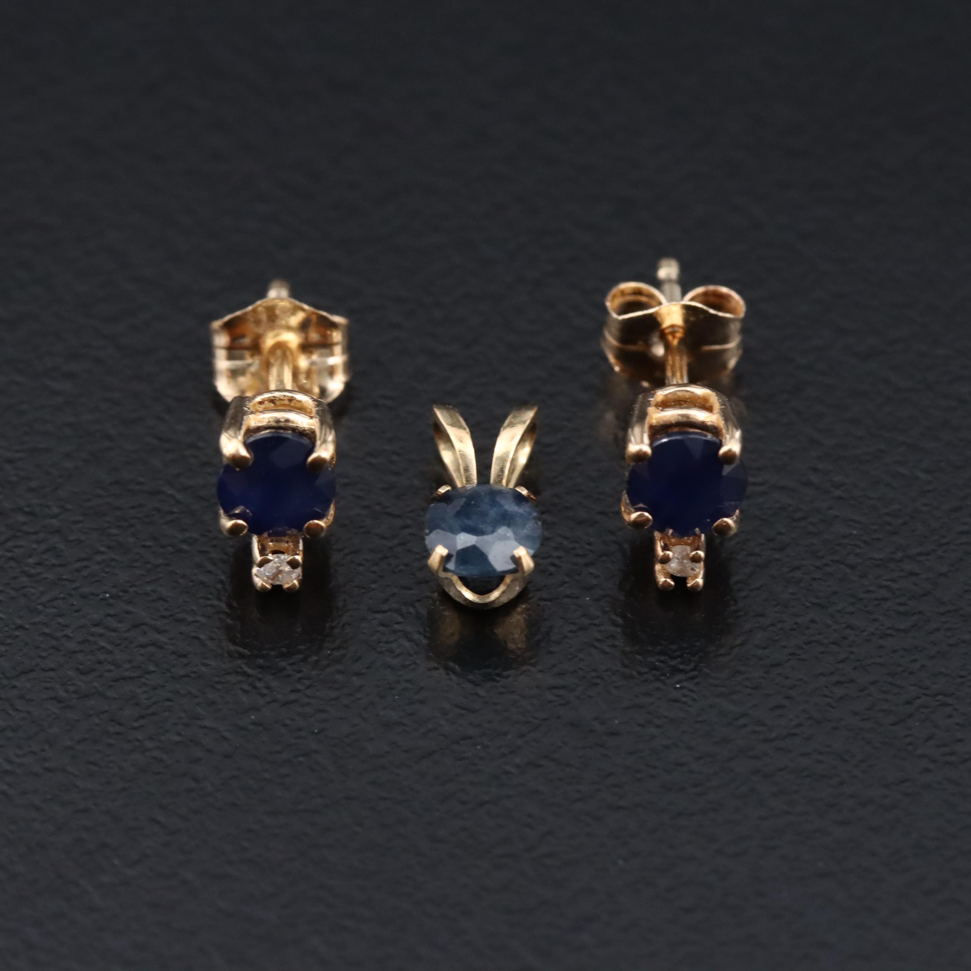 14K Sapphire and Diamond Stud Earrings and Pendant