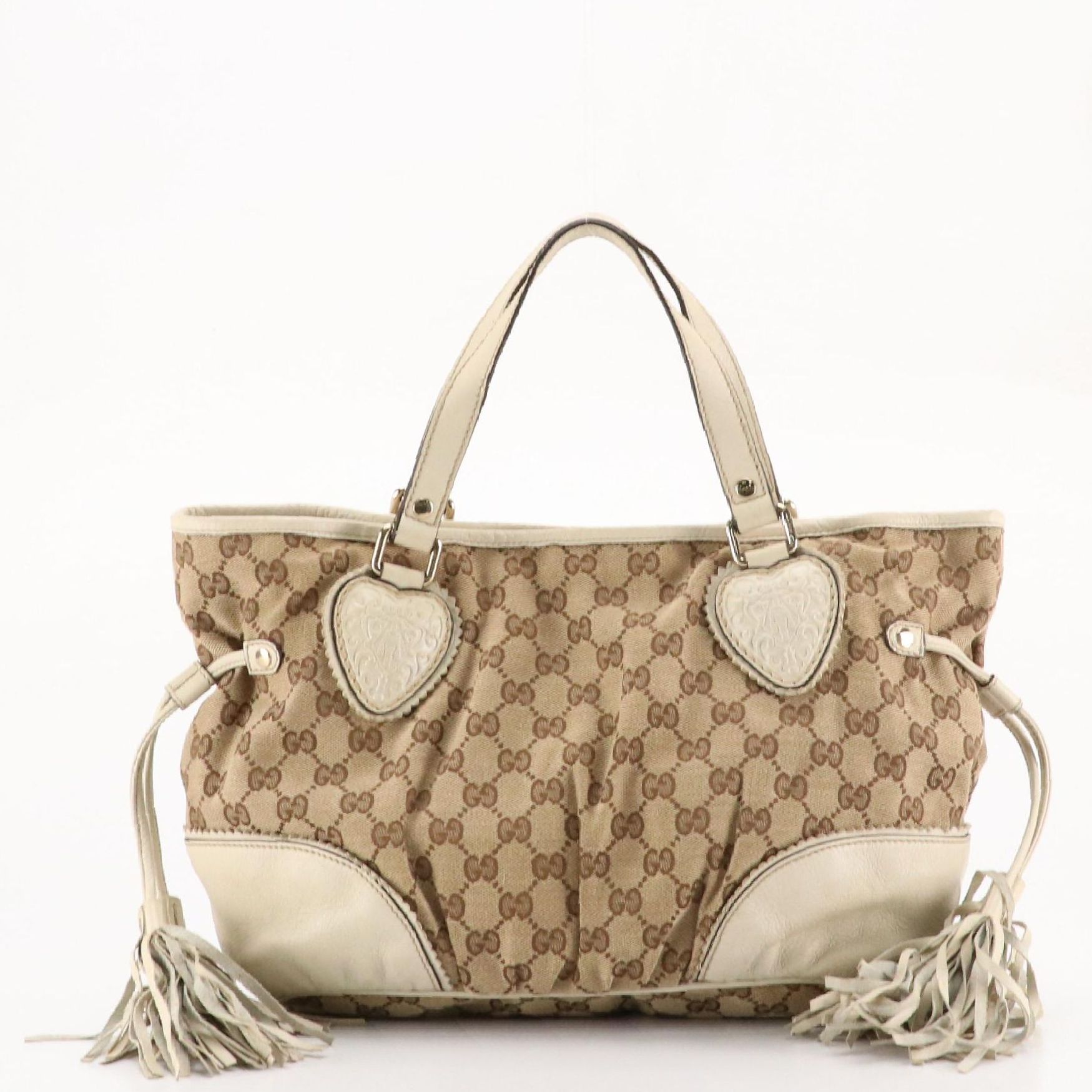 Gucci Tribeca Tassel Tote in GG Canvas and Ivory Grained Leather