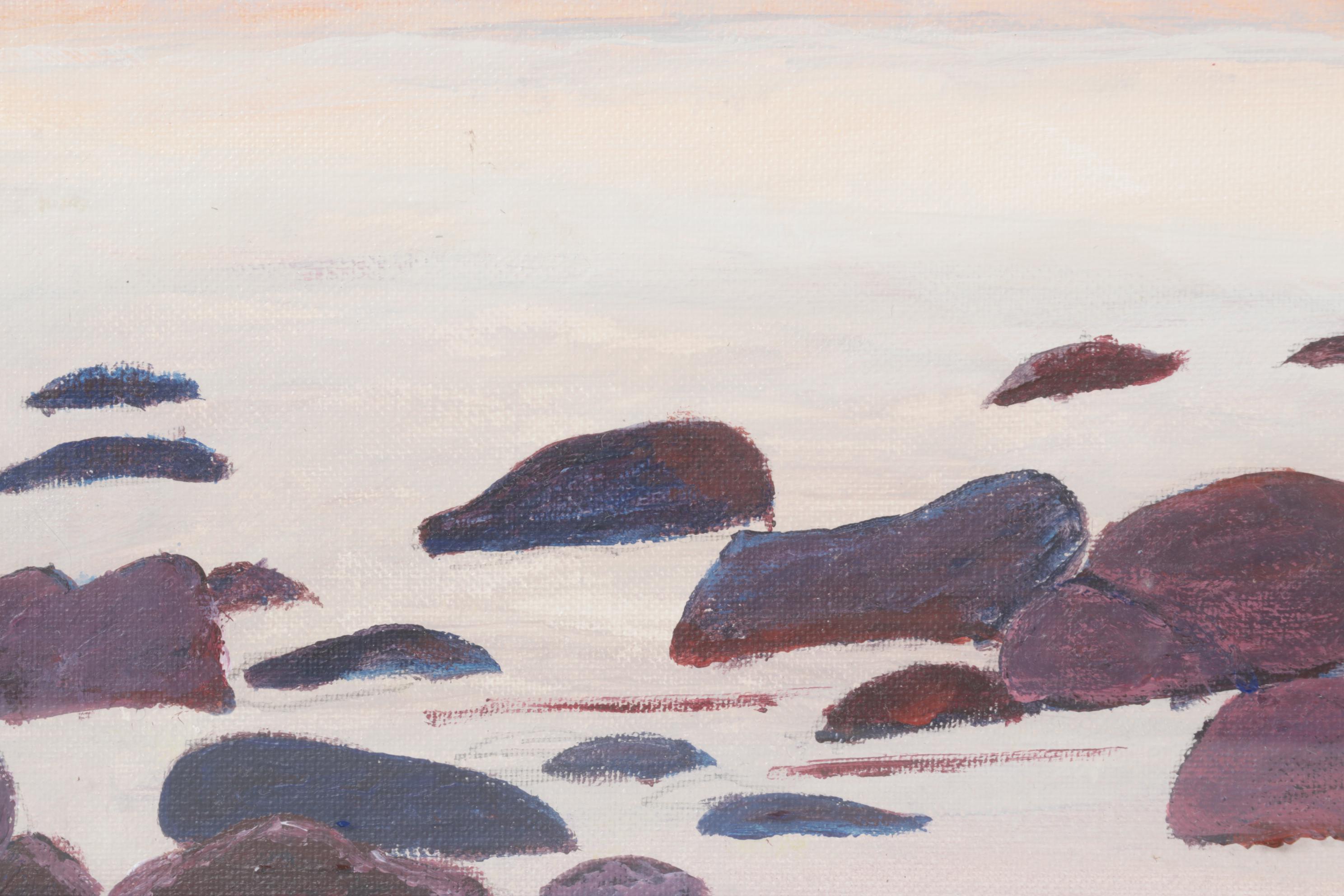 Coastal Landscape Oil Painting of Warm-Toned Beach at Sunset