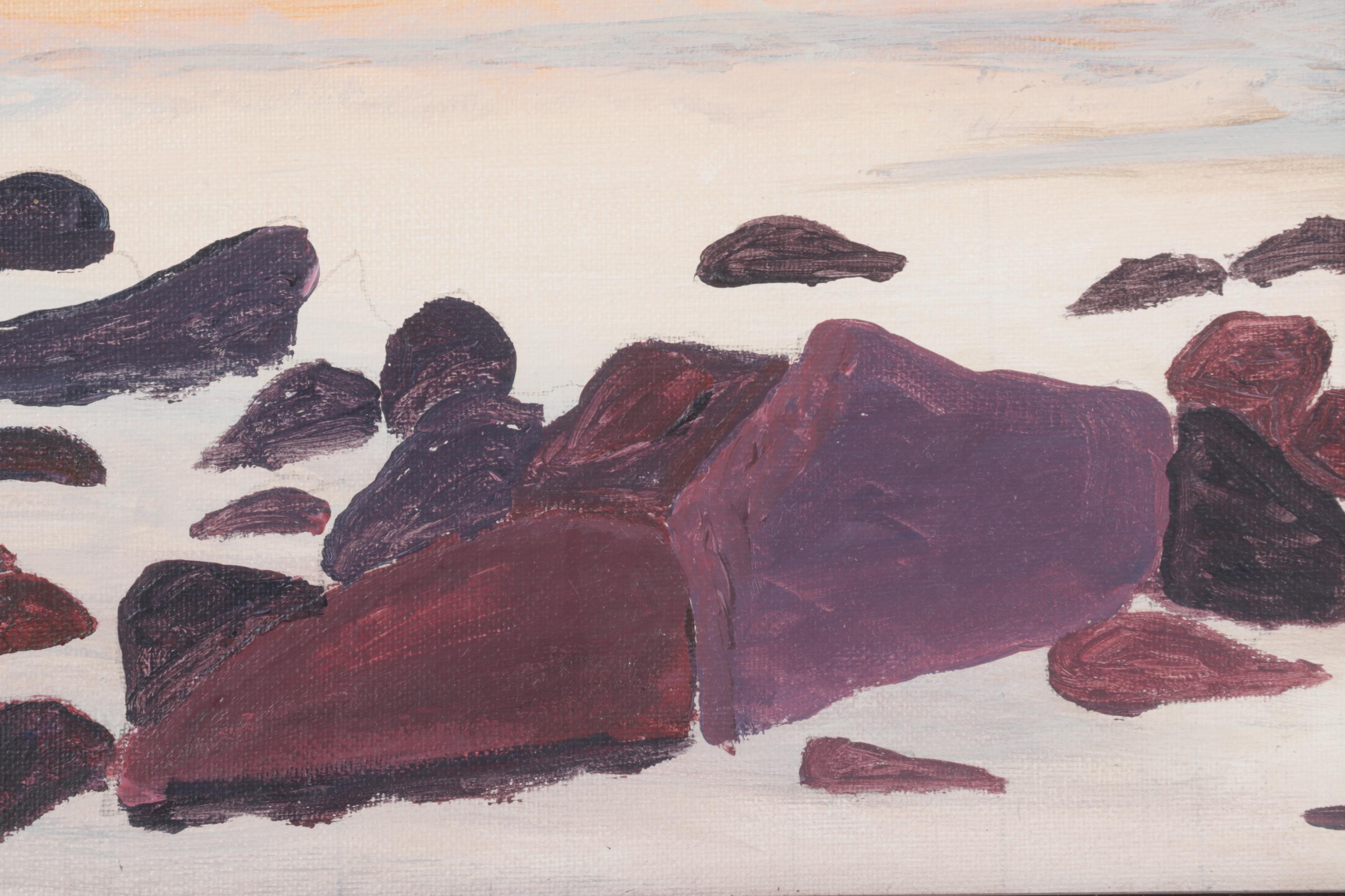 Coastal Landscape Oil Painting of Warm-Toned Beach at Sunset