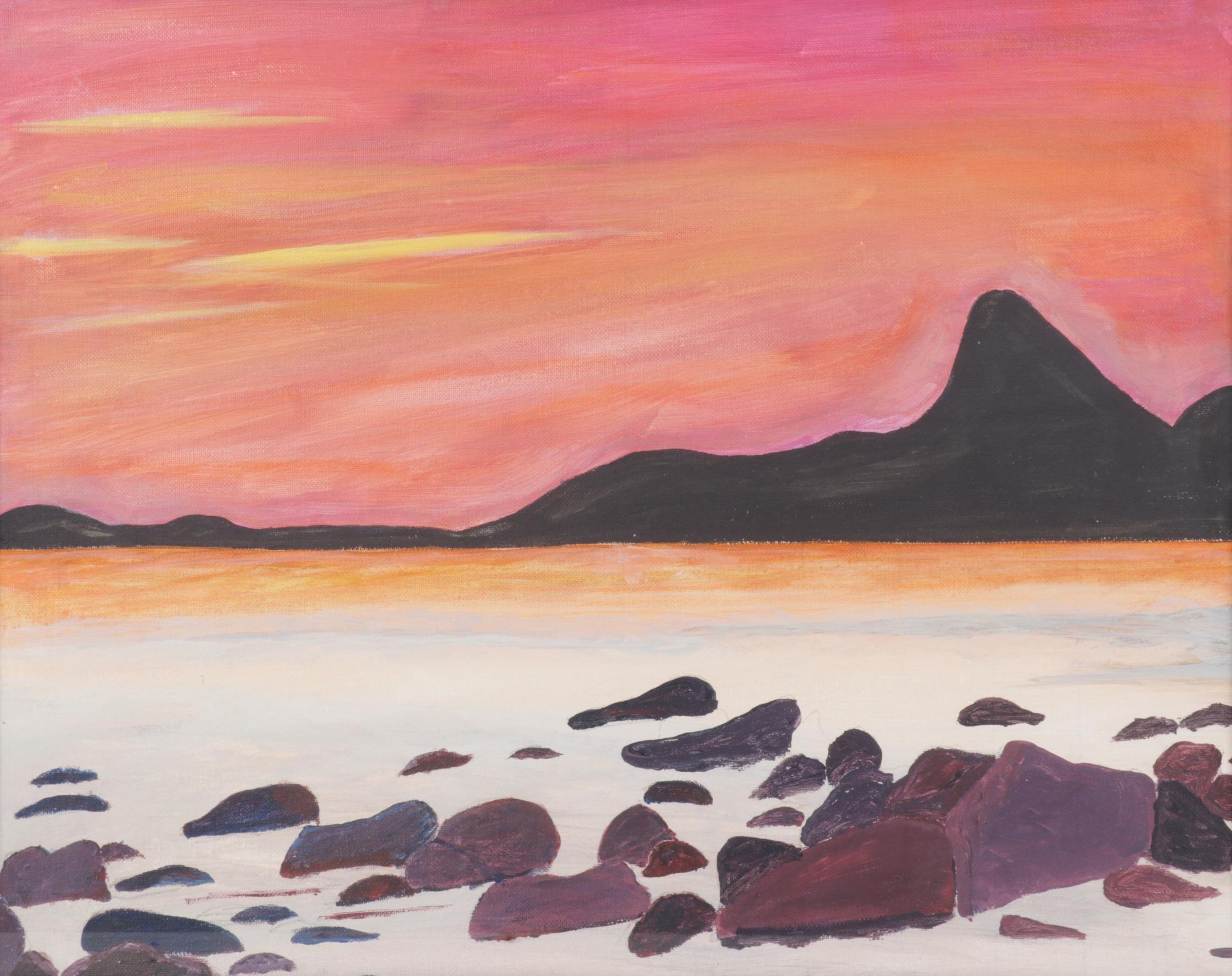 Coastal Landscape Oil Painting of Warm-Toned Beach at Sunset