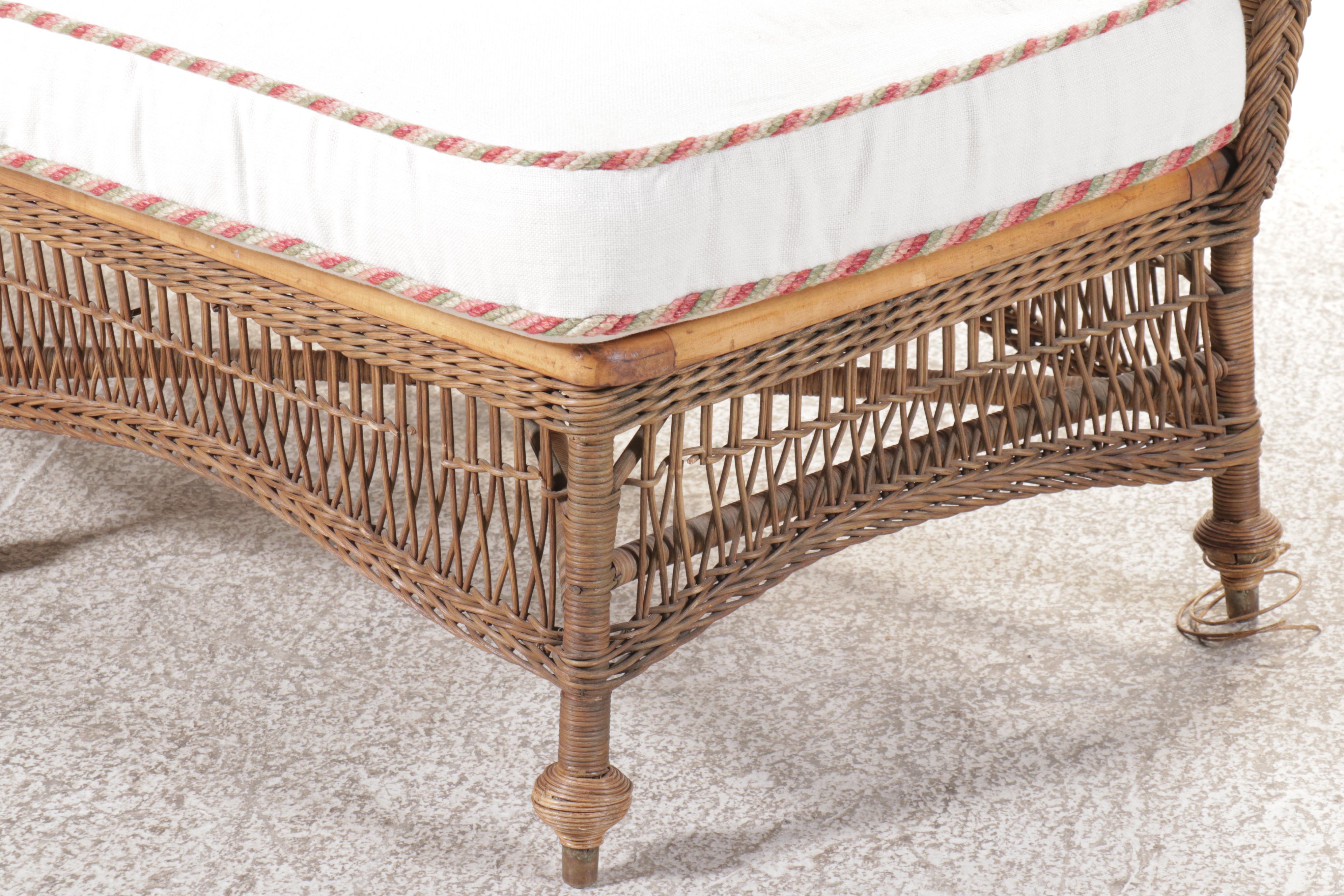 Victorian Natural Finish Wicker Chaise Lounge with Seat Cushion and Pillows