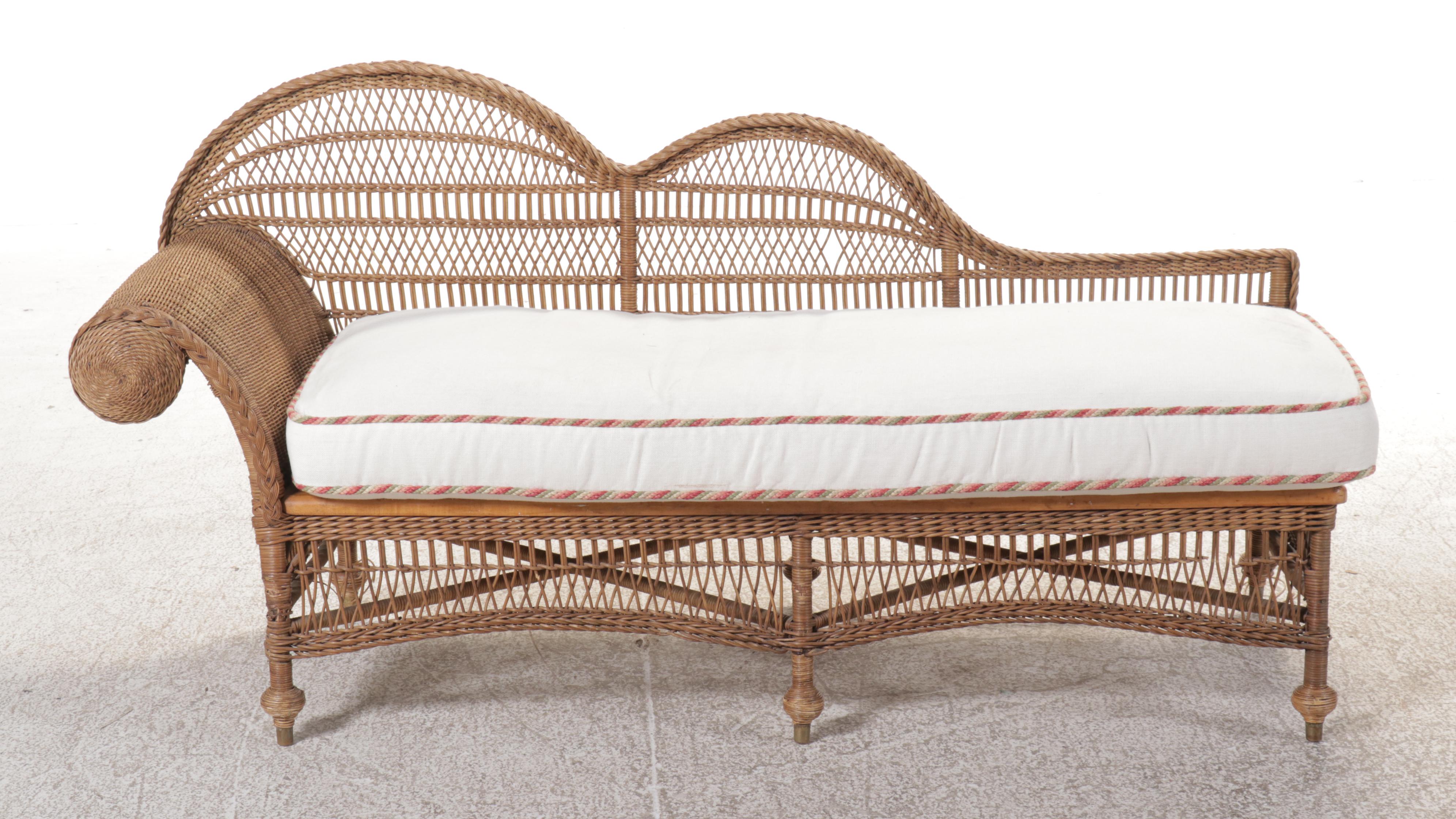 Victorian Natural Finish Wicker Chaise Lounge with Seat Cushion and Pillows
