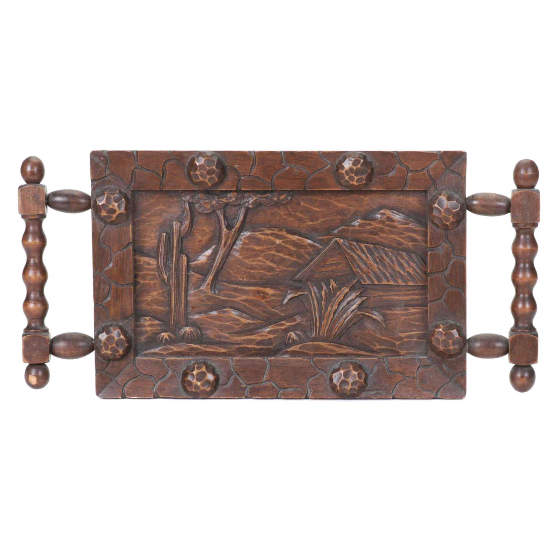 Mexican Hand-Carved  Wood Serving Tray With Desert Landscape Scene