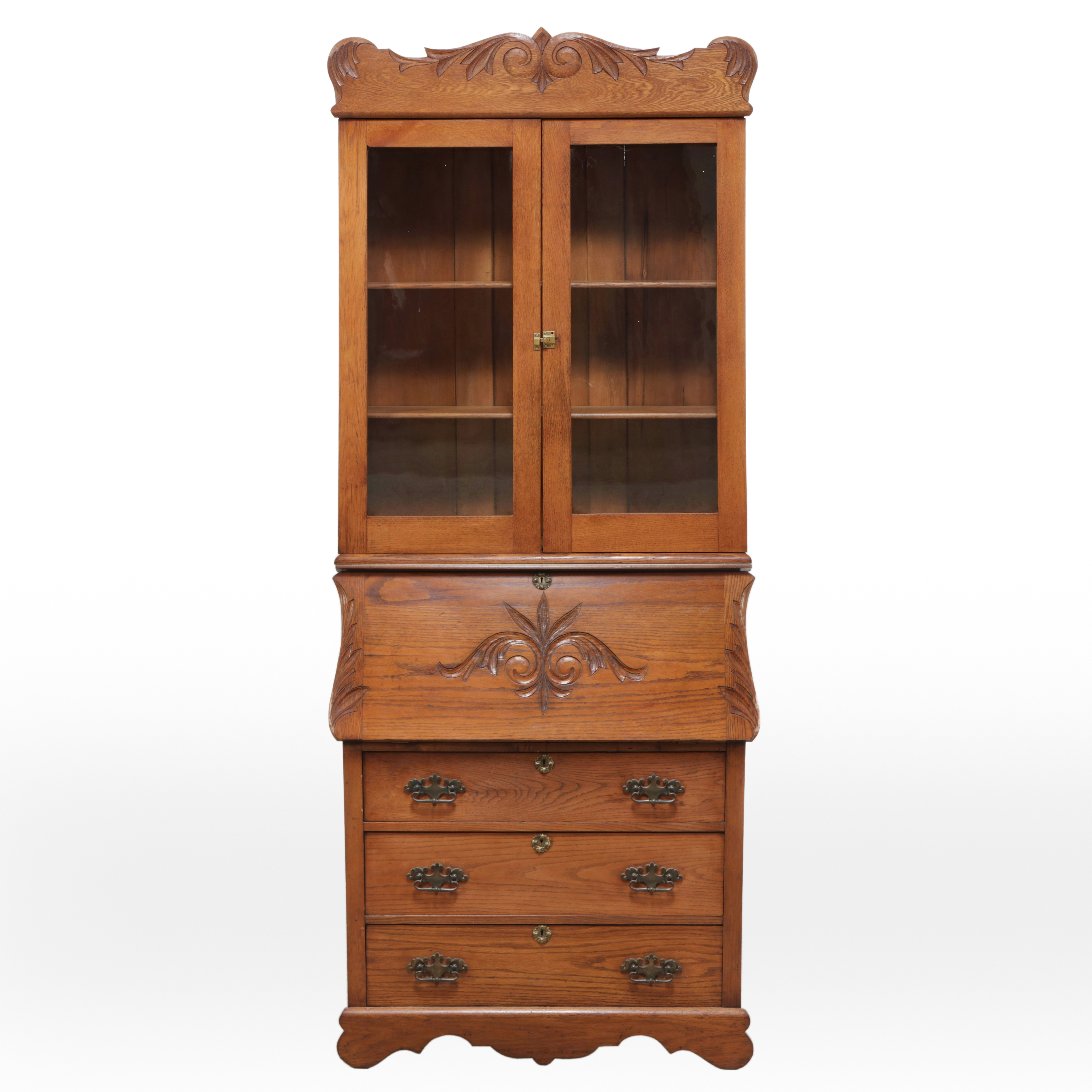 Late Victorian Oak Drop-Front Desk with Hutch, Early 20th Century