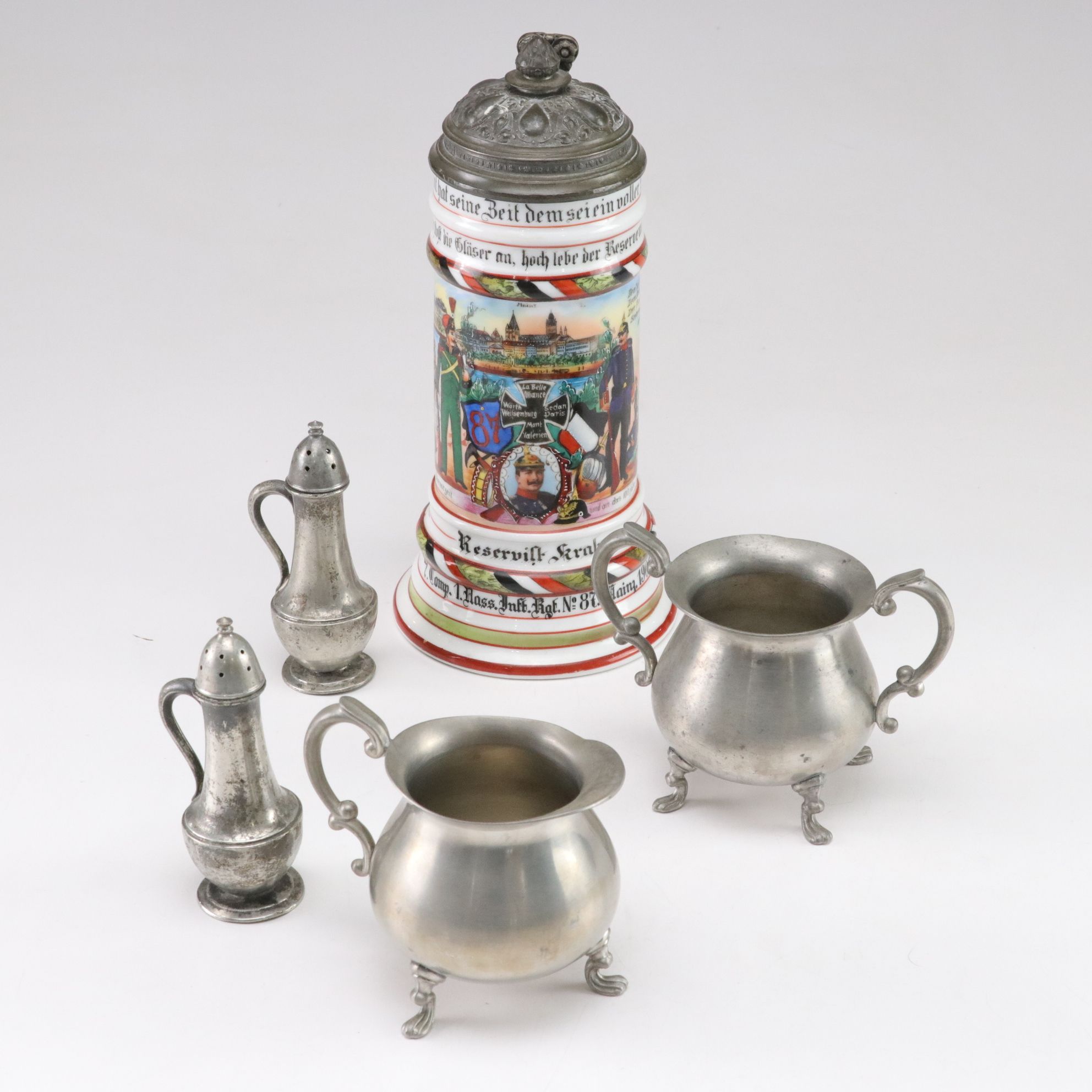 German Commemorative Beer Stein with Empire Pewter Creamer & Sugar Set and More