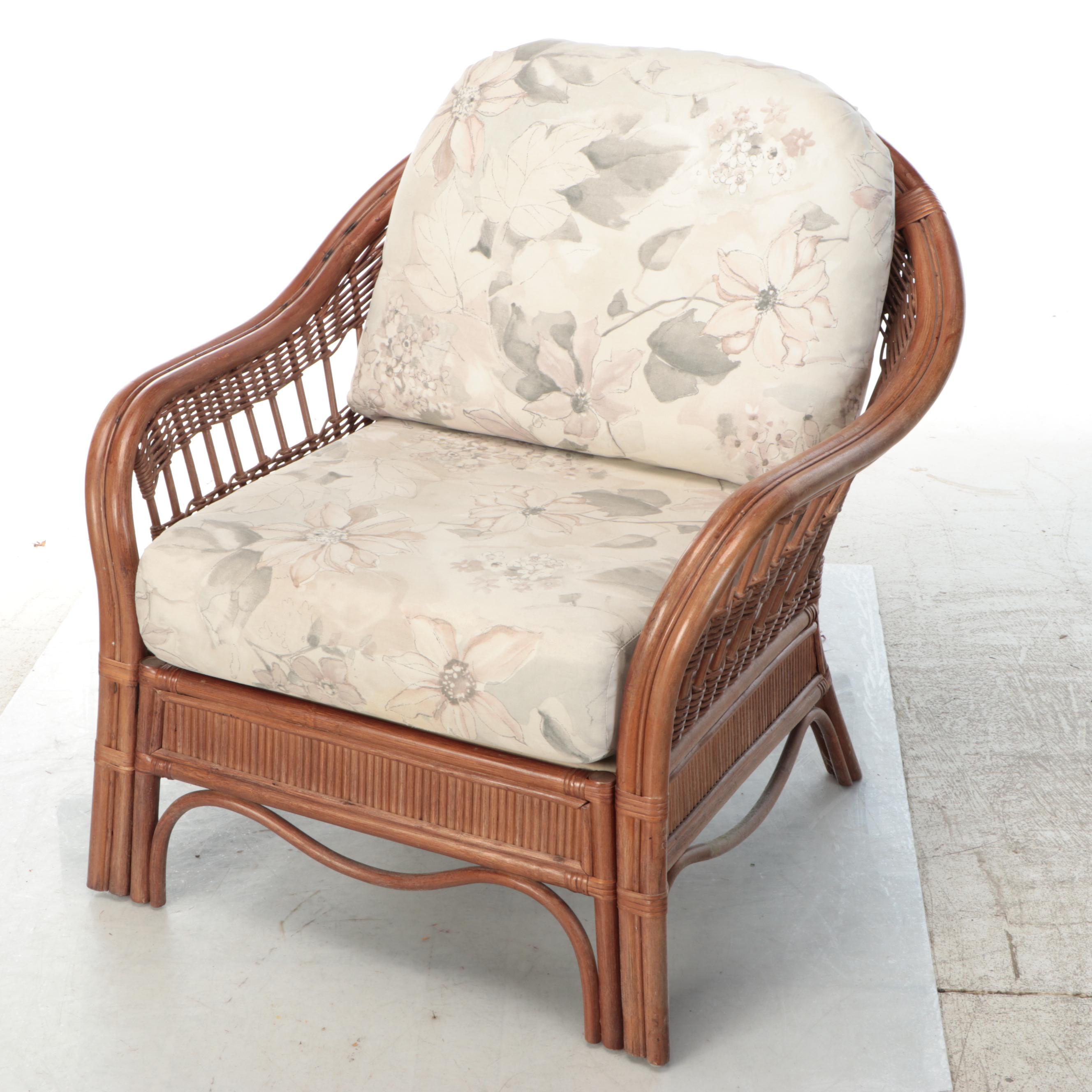 Floral Upholstered Wicker Armchair with Ottoman