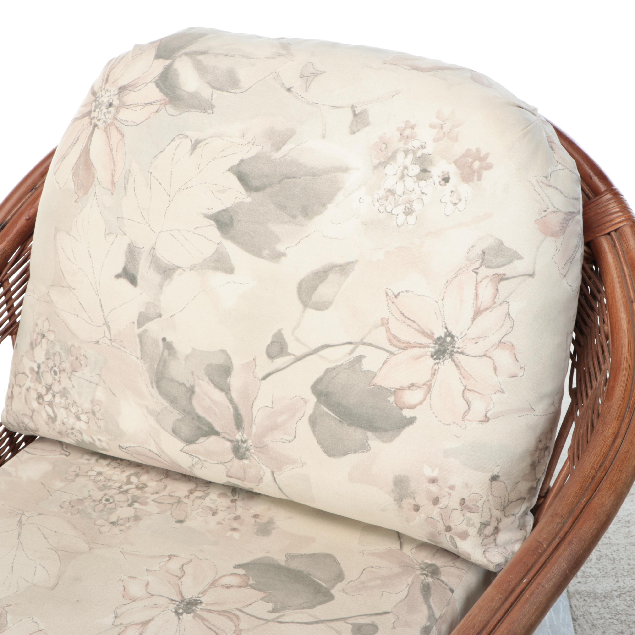Floral Upholstered Wicker Armchair with Ottoman