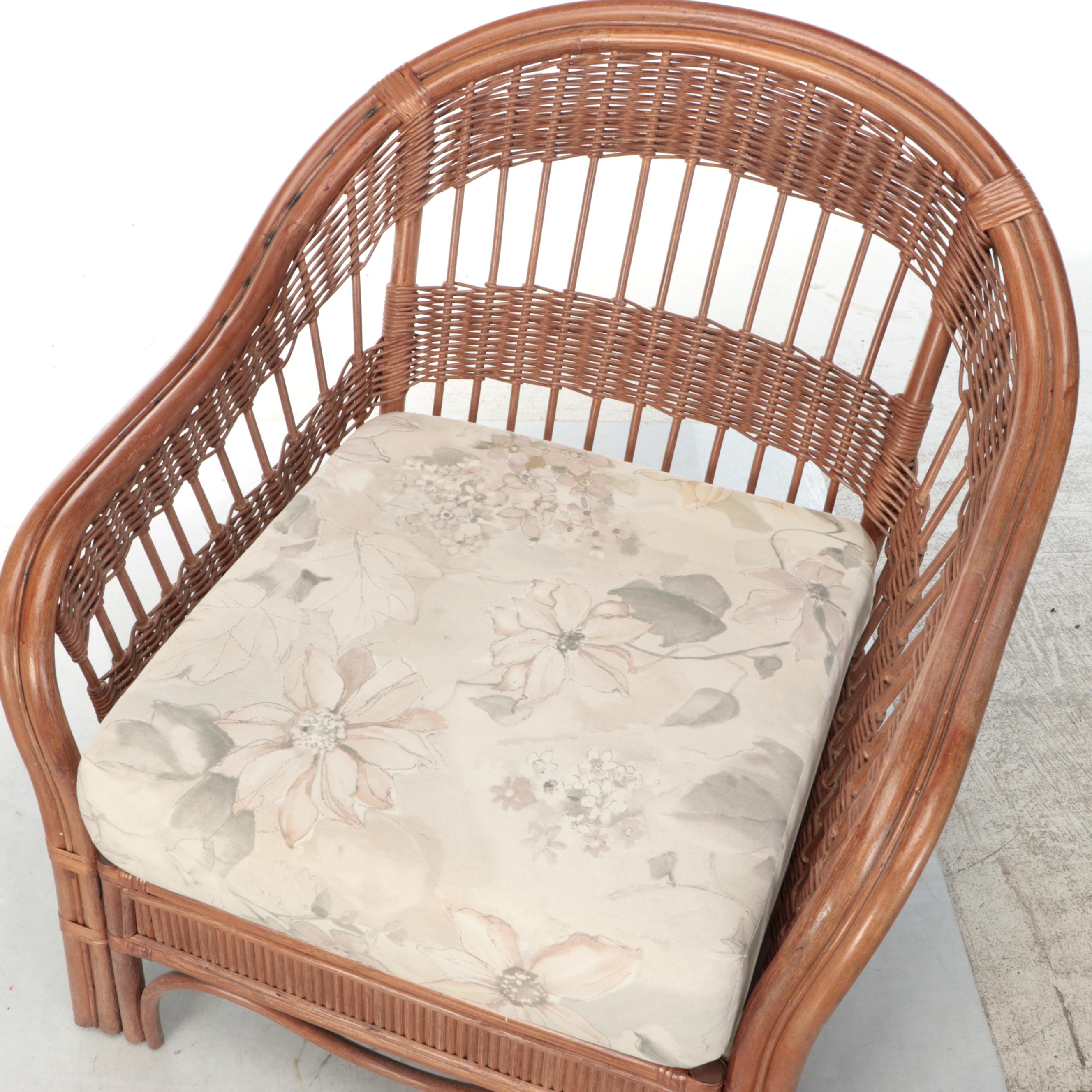 Floral Upholstered Wicker Armchair with Ottoman