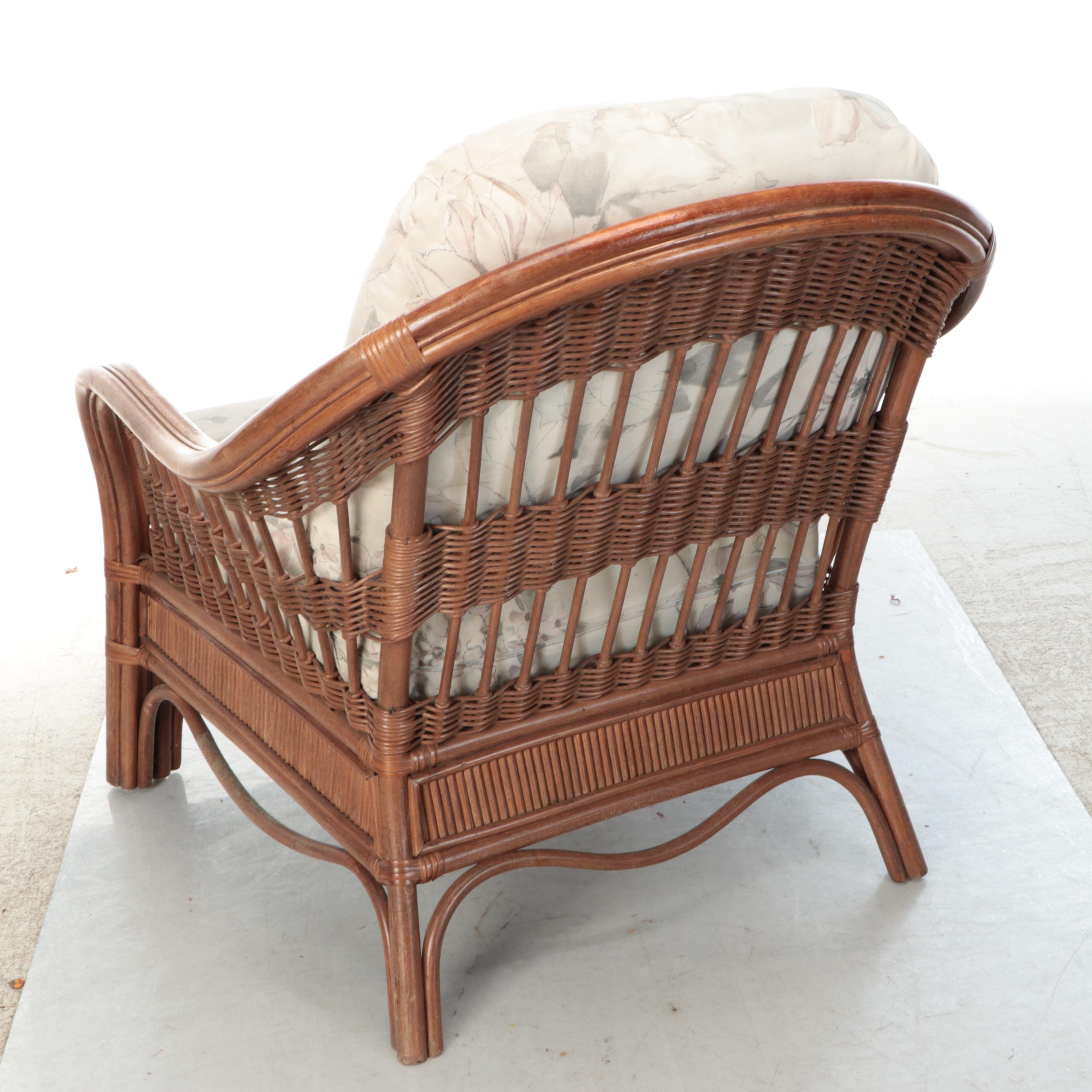 Floral Upholstered Wicker Armchair with Ottoman