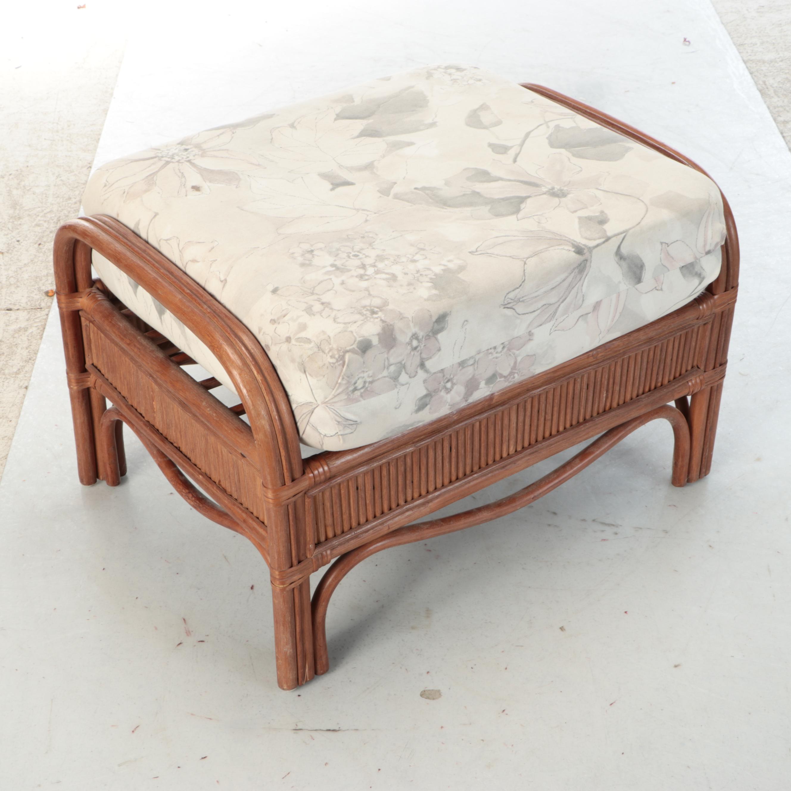 Floral Upholstered Wicker Armchair with Ottoman