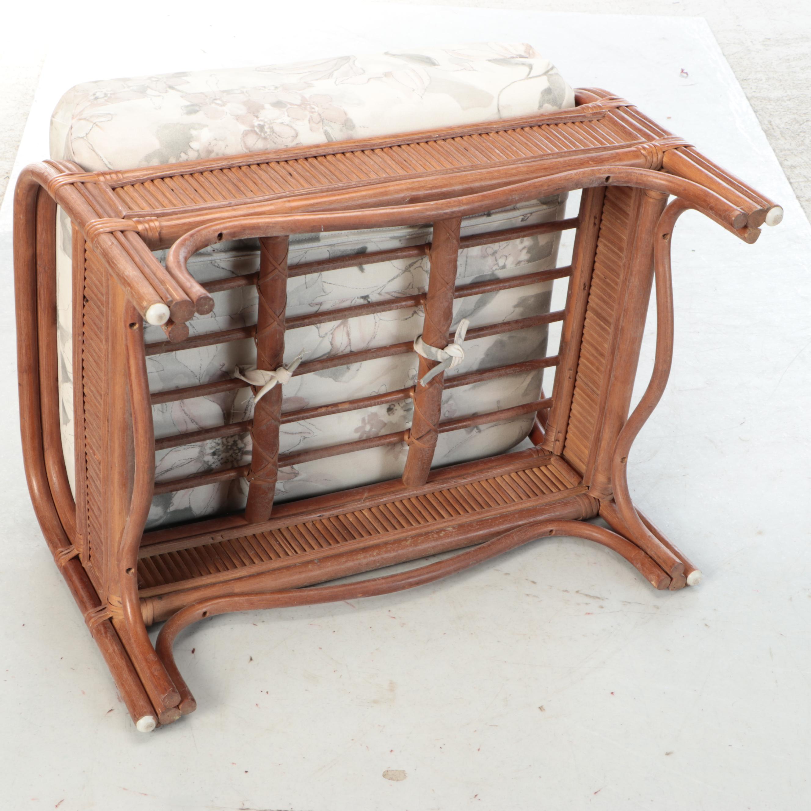 Floral Upholstered Wicker Armchair with Ottoman