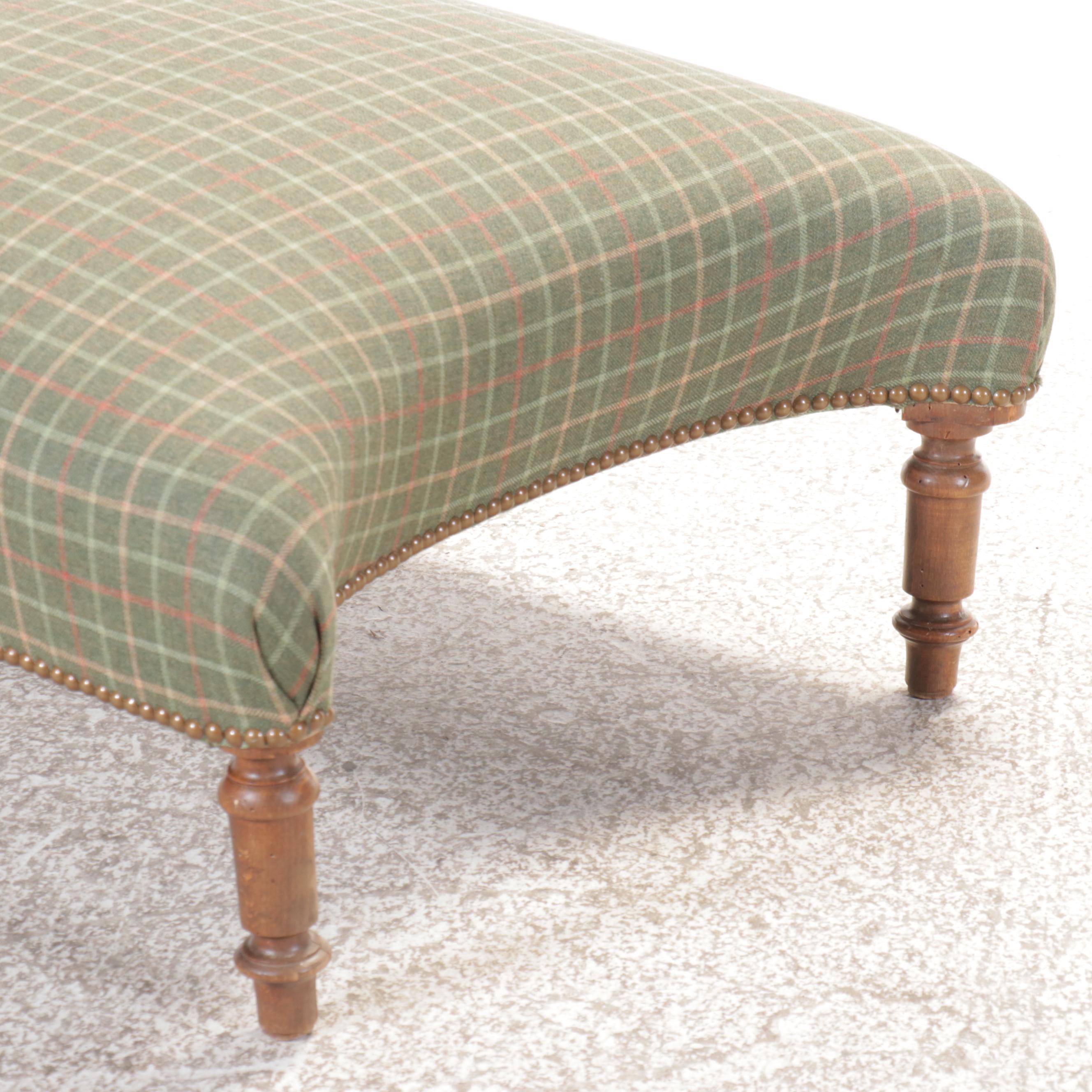 Wool Plaid Upholstered Beech Wood Ottoman with Nailhead Trim