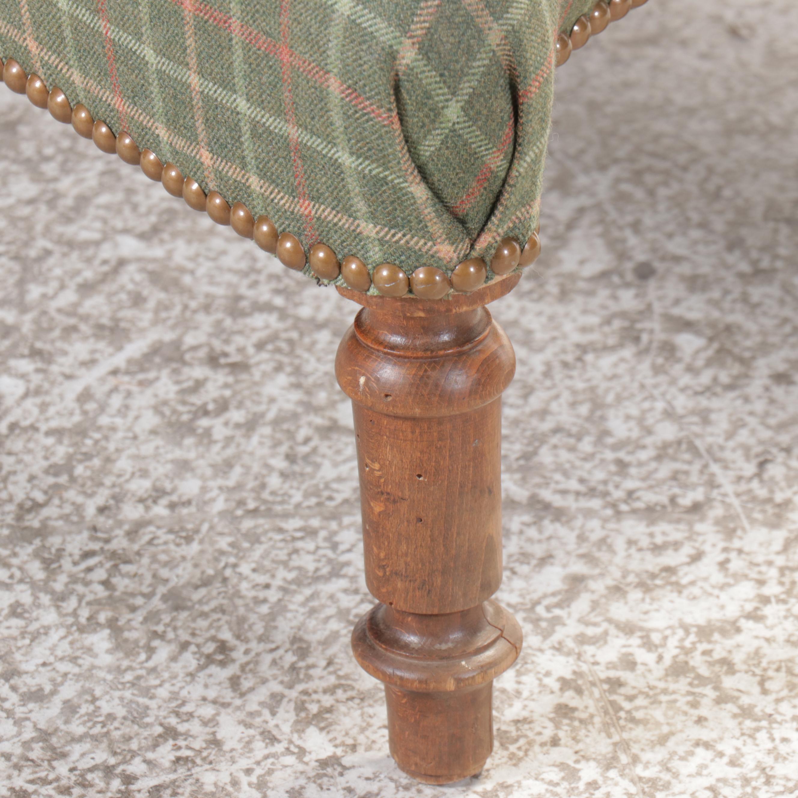Wool Plaid Upholstered Beech Wood Ottoman with Nailhead Trim