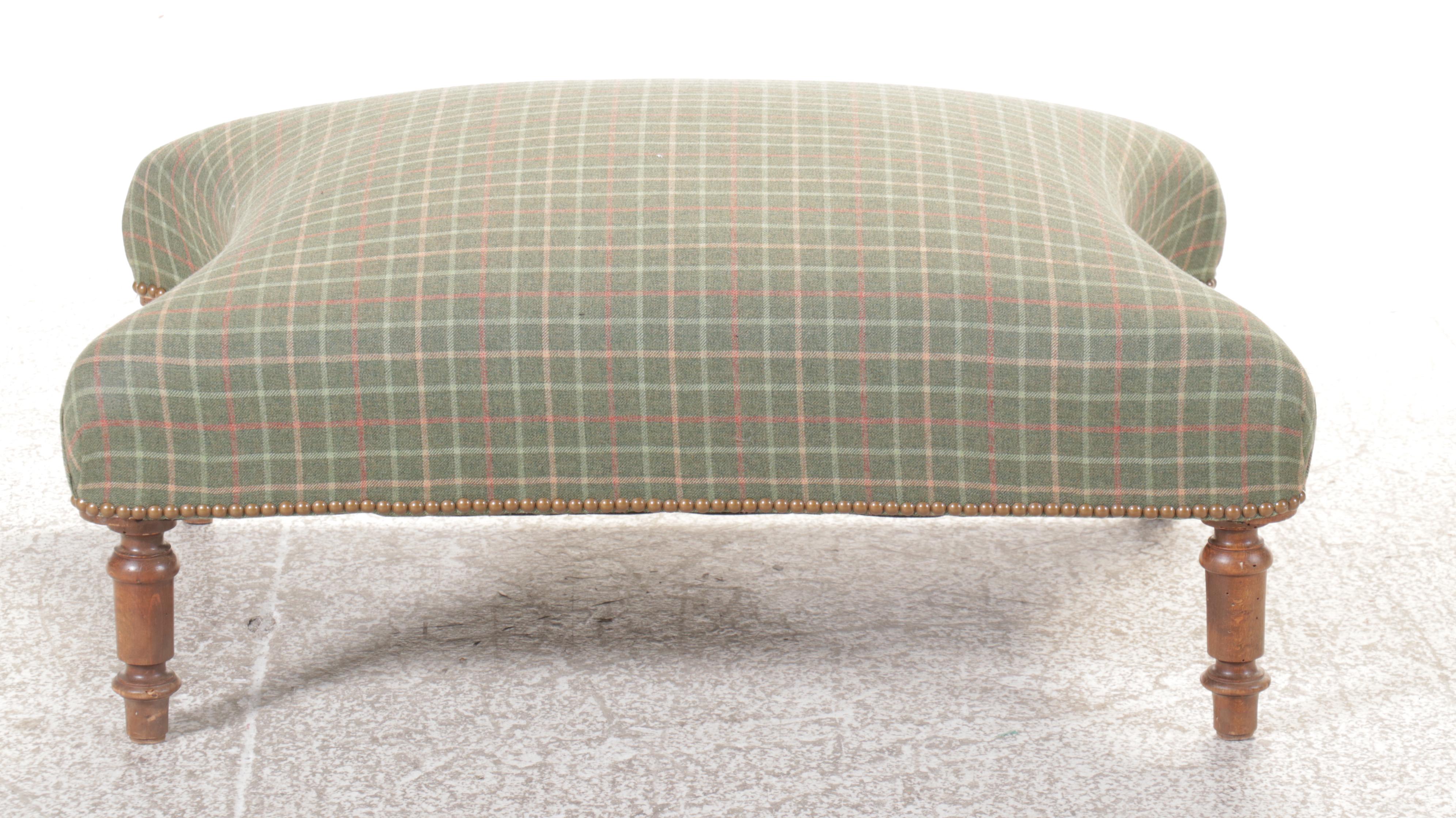 Wool Plaid Upholstered Beech Wood Ottoman with Nailhead Trim