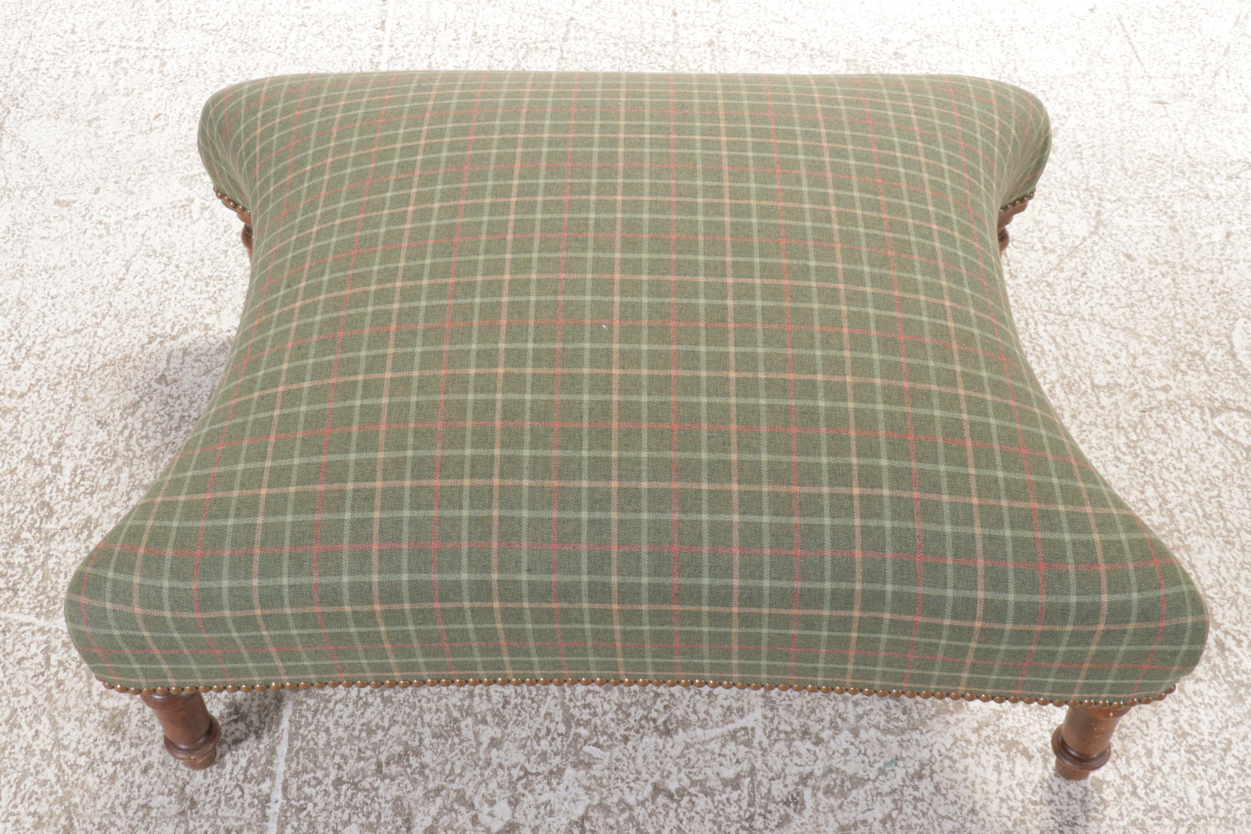Wool Plaid Upholstered Beech Wood Ottoman with Nailhead Trim
