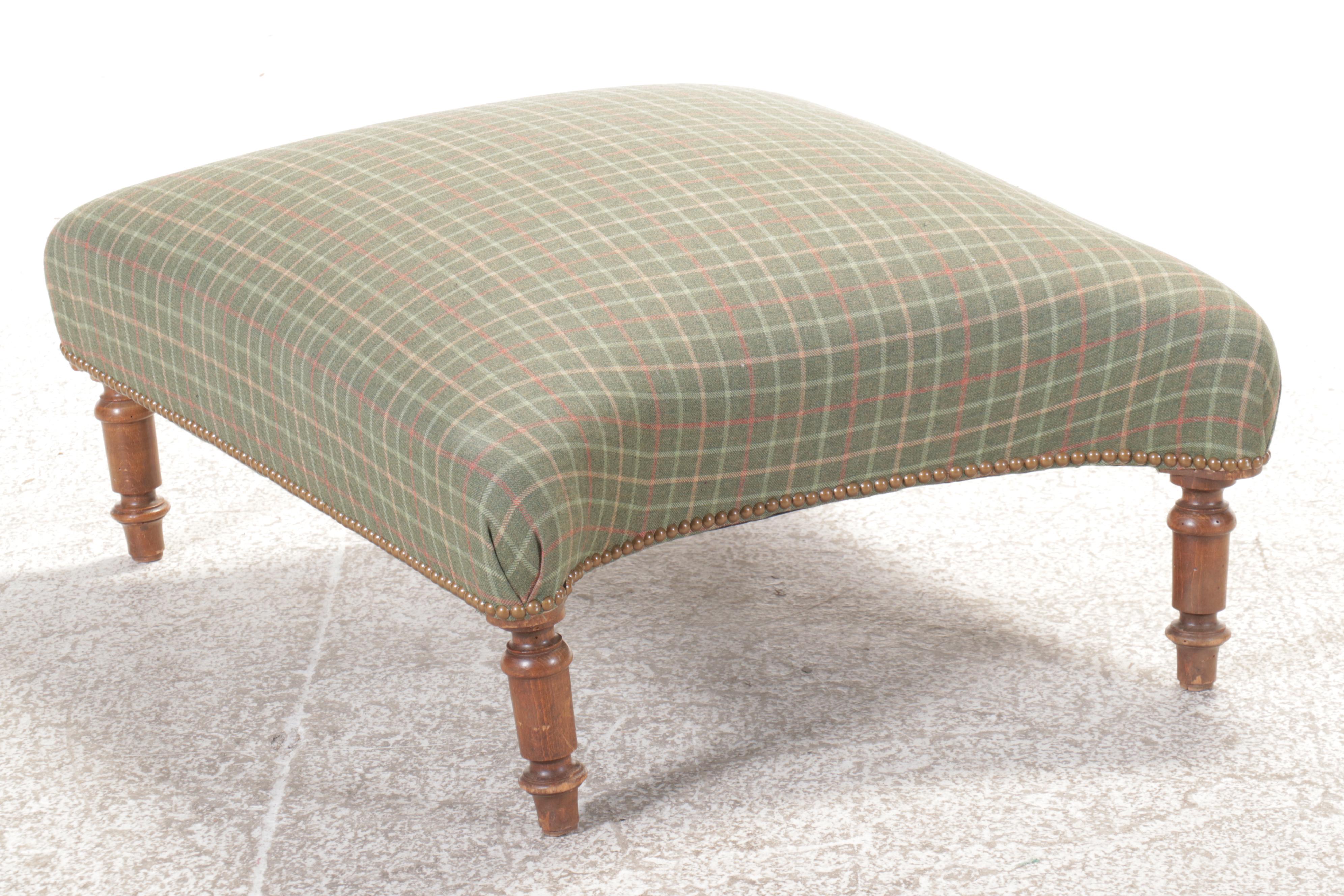 Wool Plaid Upholstered Beech Wood Ottoman with Nailhead Trim