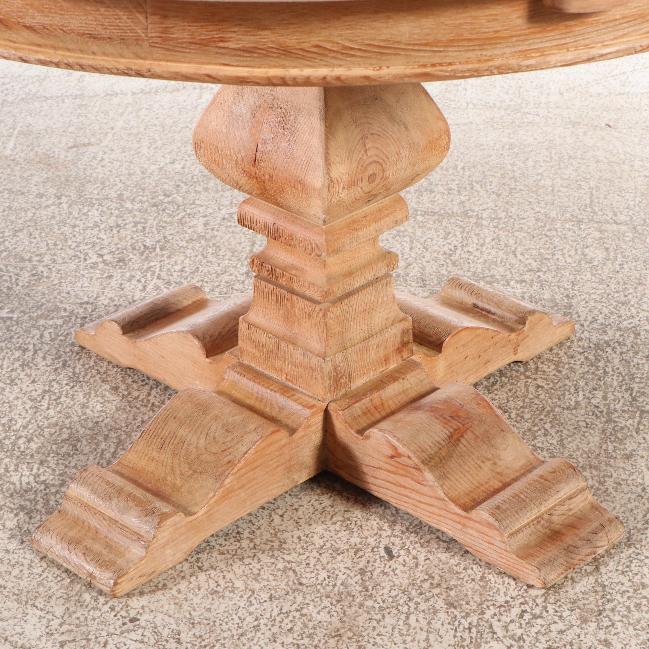 Oak Pedestal Dining Table with Six Rush-Seat Chairs