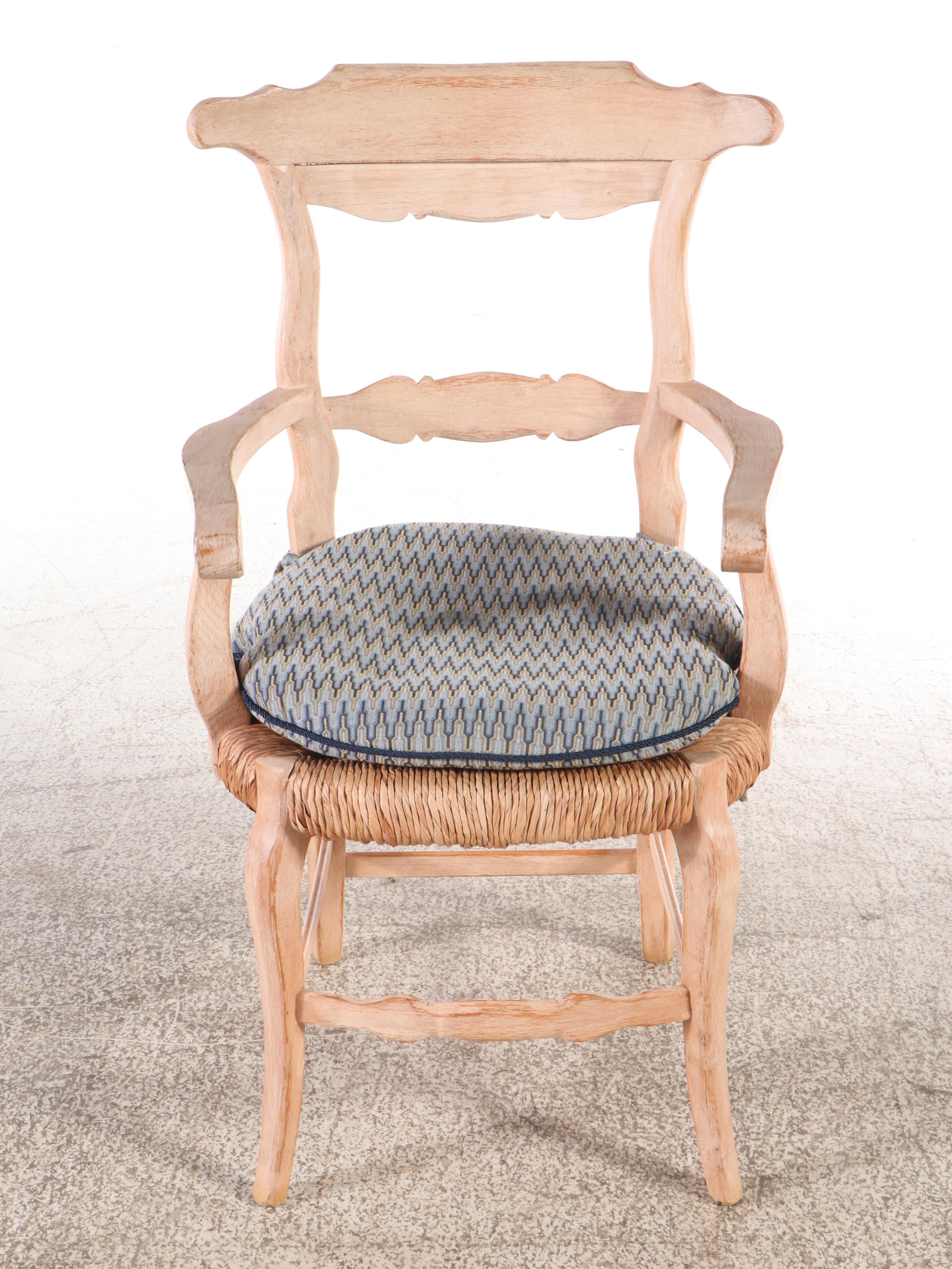 Oak Pedestal Dining Table with Six Rush-Seat Chairs