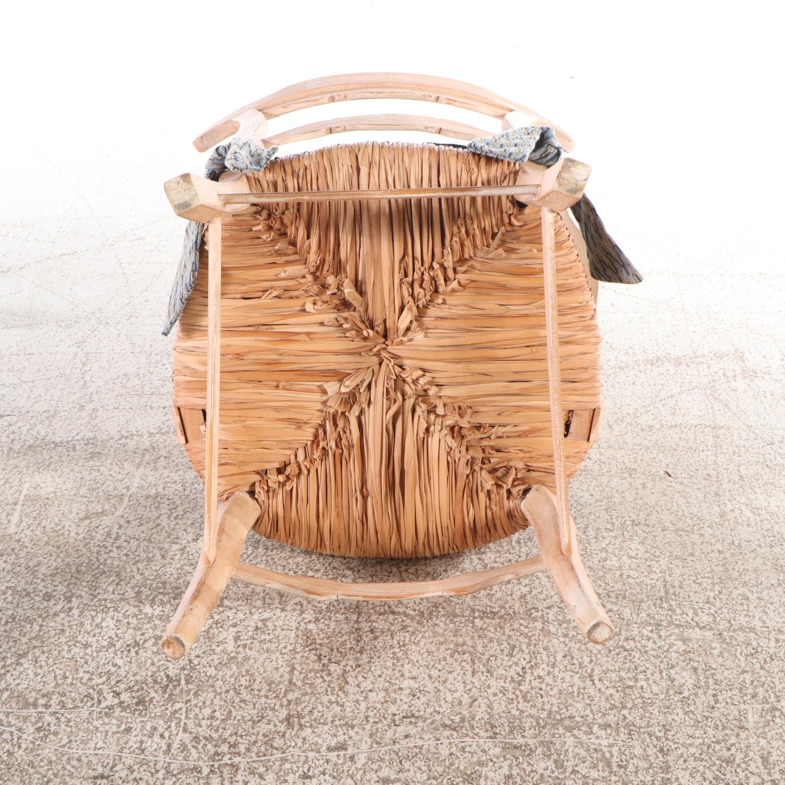 Oak Pedestal Dining Table with Six Rush-Seat Chairs