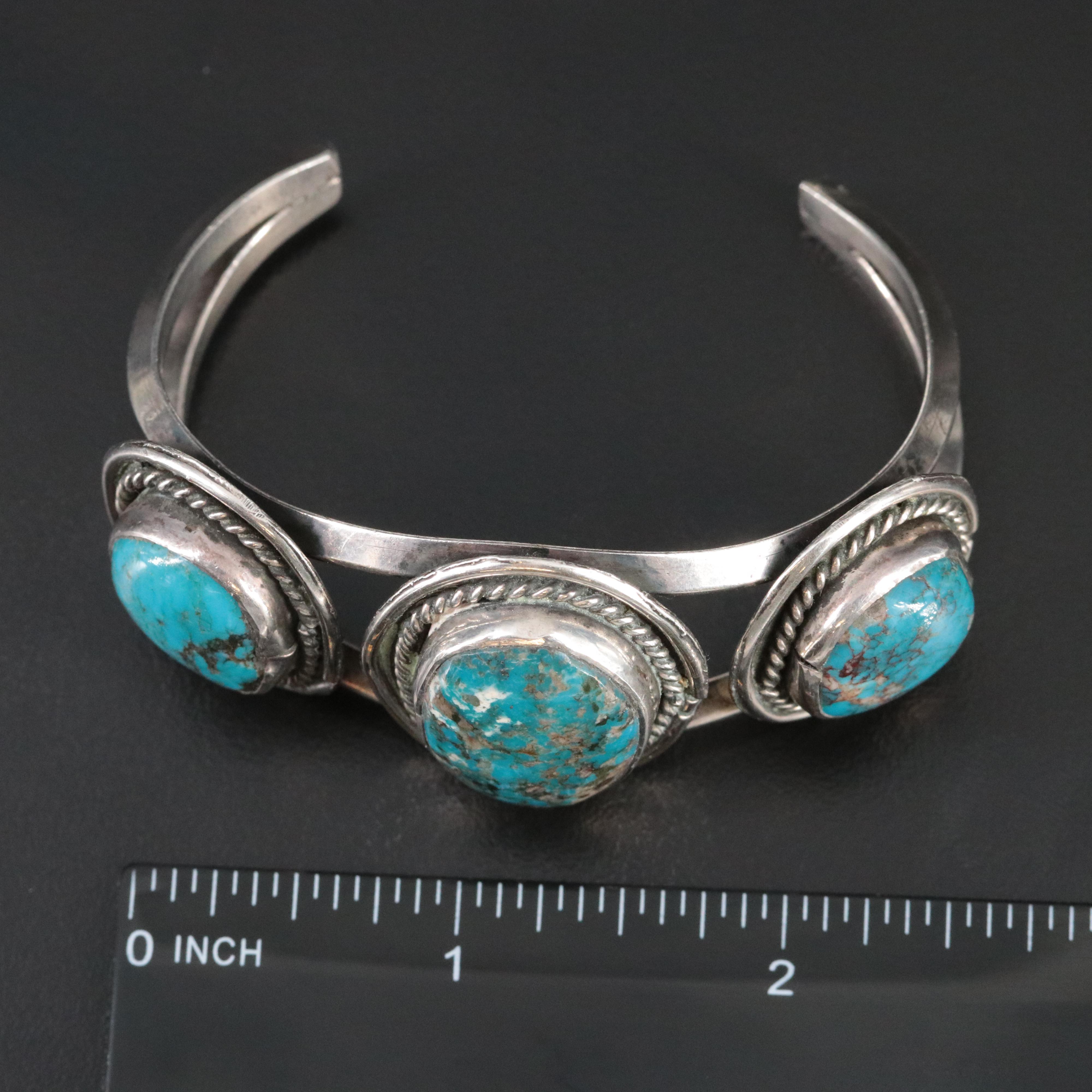 Southwestern Sterling Turquoise Three Stone Cuff Bracelet