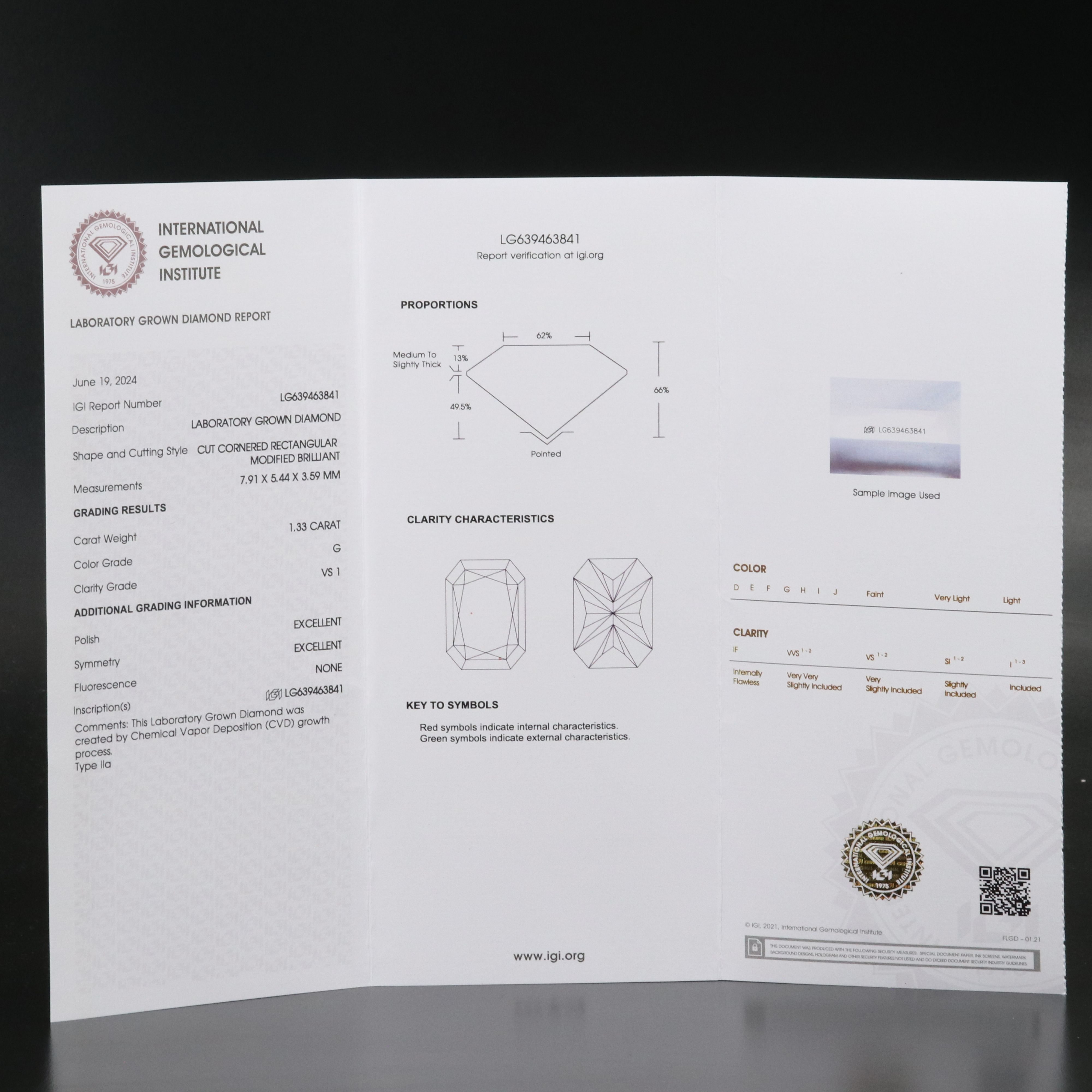 Loose 1.33 CT Lab Grown Diamond with IGI Report