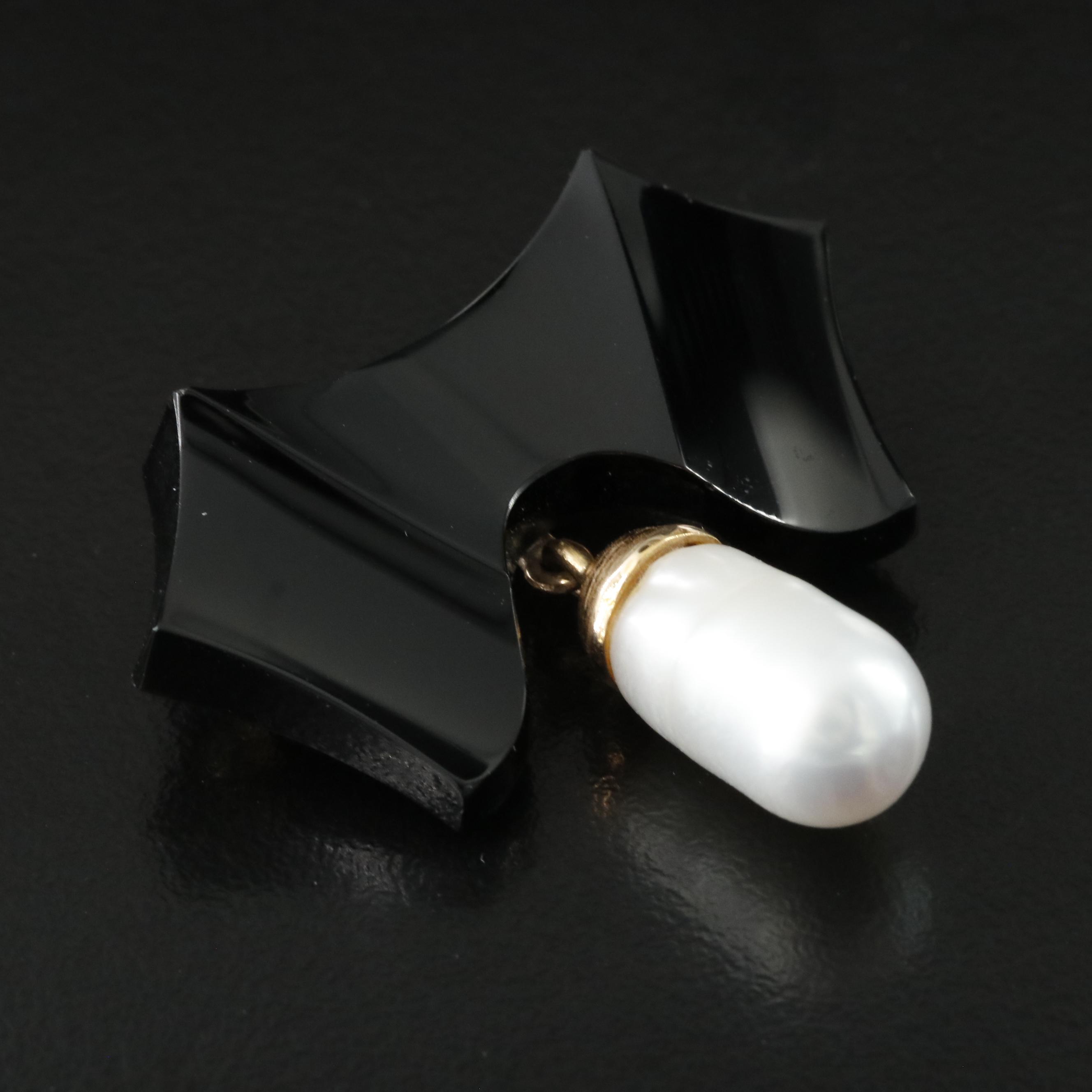 14K Black Onyx and Pearl Brooch